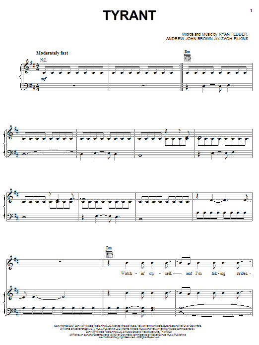 Download OneRepublic Tyrant Sheet Music and learn how to play Piano, Vocal & Guitar (Right-Hand Melody) PDF digital score in minutes
