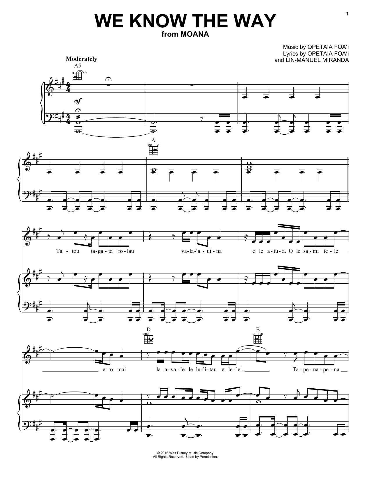 Download Opetaia Foa'i & Lin-Manuel Miranda We Know The Way Sheet Music and learn how to play Clarinet PDF digital score in minutes