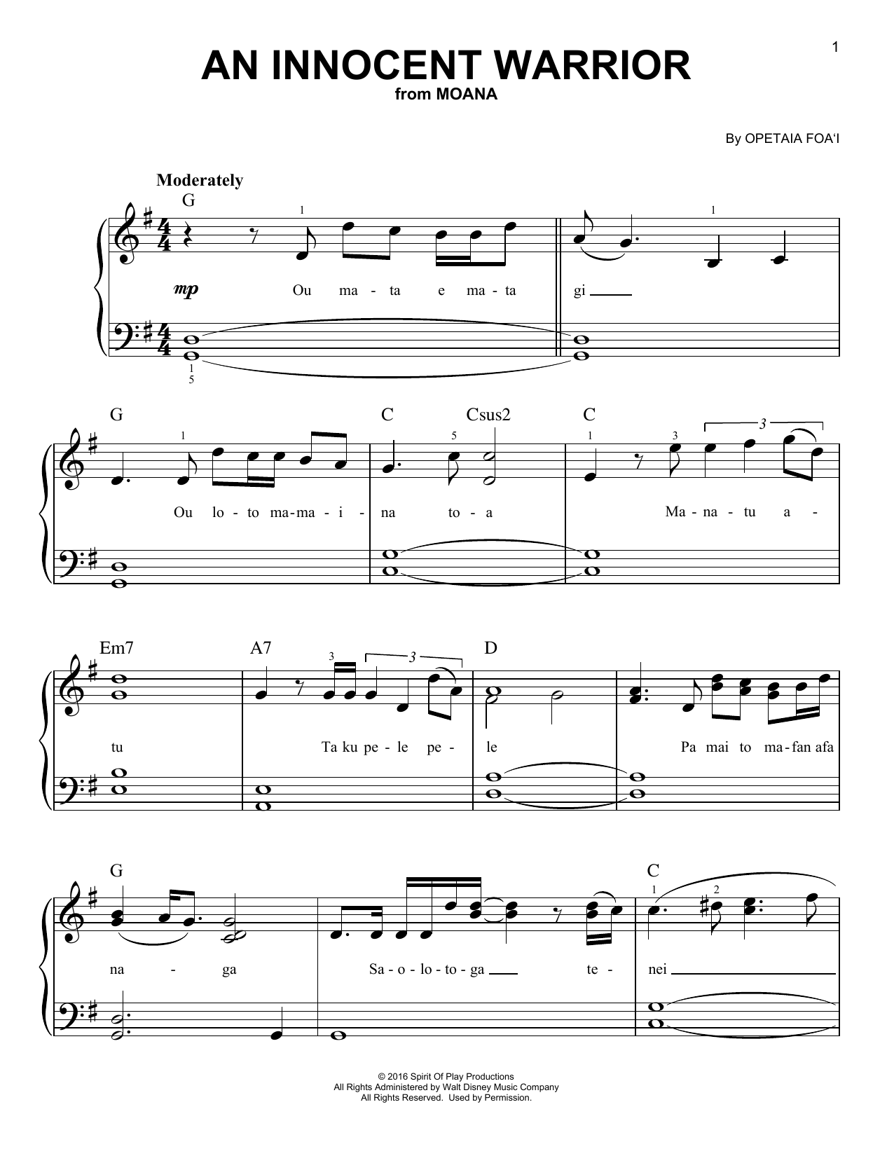 Download Opetaia Foa'i An Innocent Warrior (from Moana) Sheet Music and learn how to play Easy Piano PDF digital score in minutes