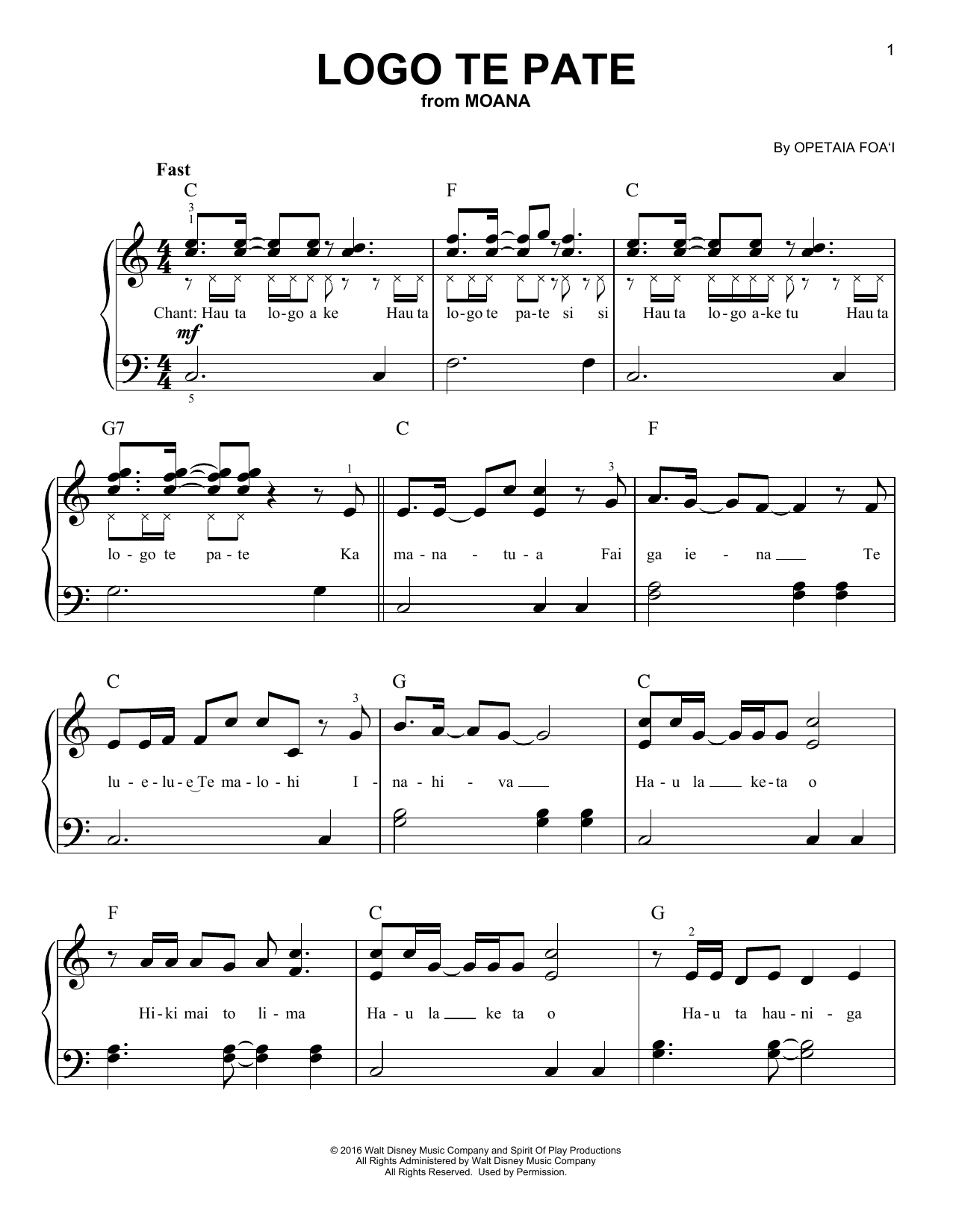 Download Opetaia Foa'i Logo Te Pate (from Moana) Sheet Music and learn how to play Easy Guitar Tab PDF digital score in minutes