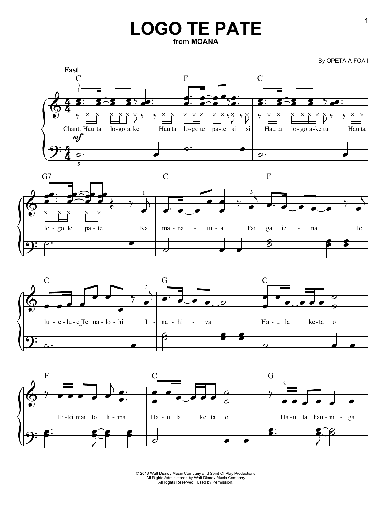 Download Opetaia Foa'i Logo Te Pate (from Moana) Sheet Music and learn how to play Piano, Vocal & Guitar Chords (Right-Hand Melody) PDF digital score in minutes