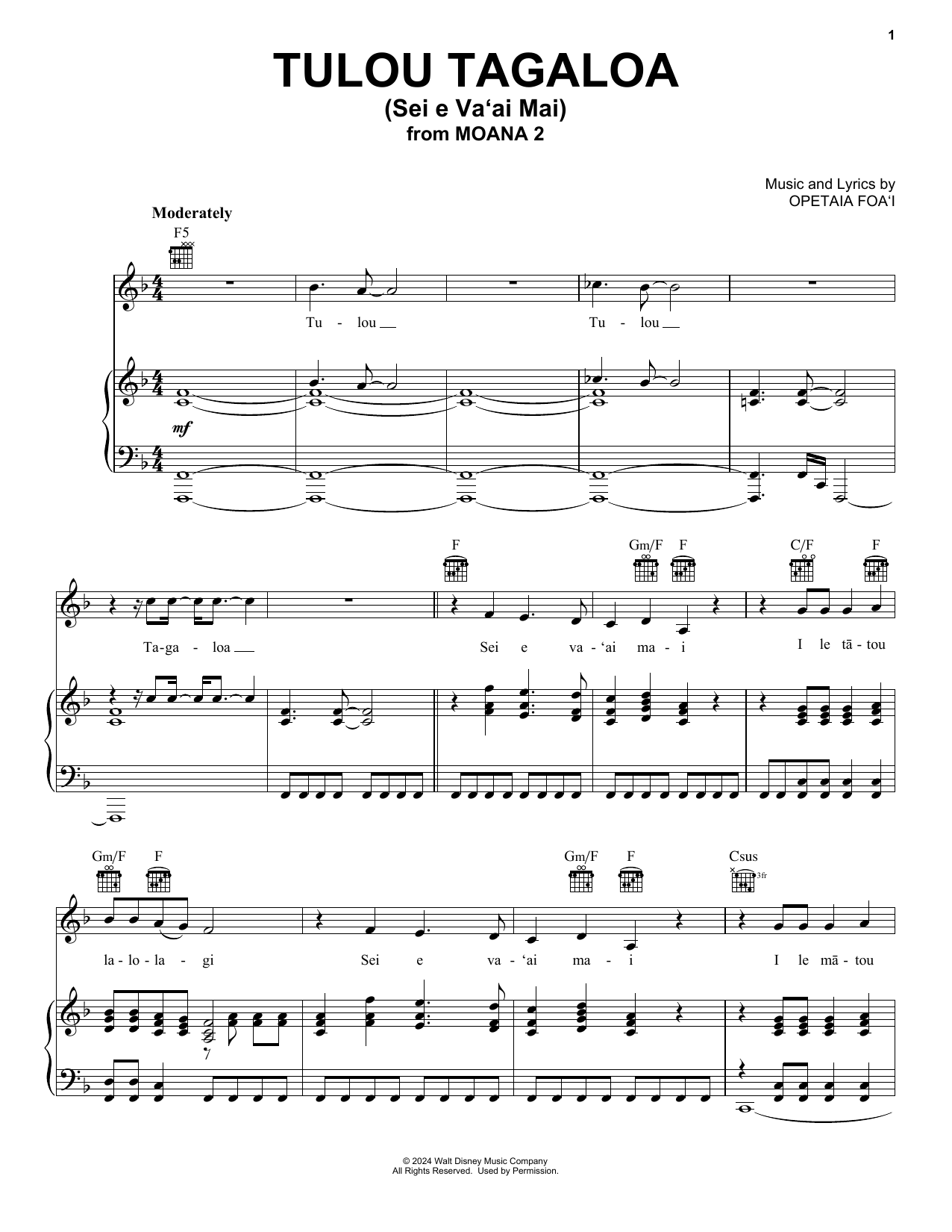 Download Opetaia Foa'i Tulou Tagaloa (Sei e Va'ai Mai) (from Moana 2) Sheet Music and learn how to play Easy Piano PDF digital score in minutes