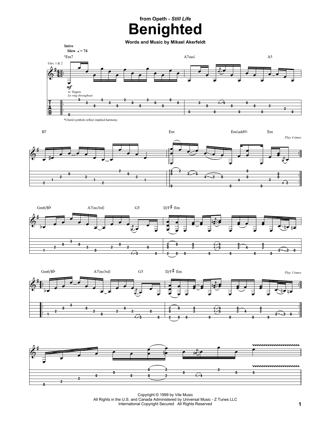 Download Opeth Benighted Sheet Music and learn how to play Guitar Tab PDF digital score in minutes