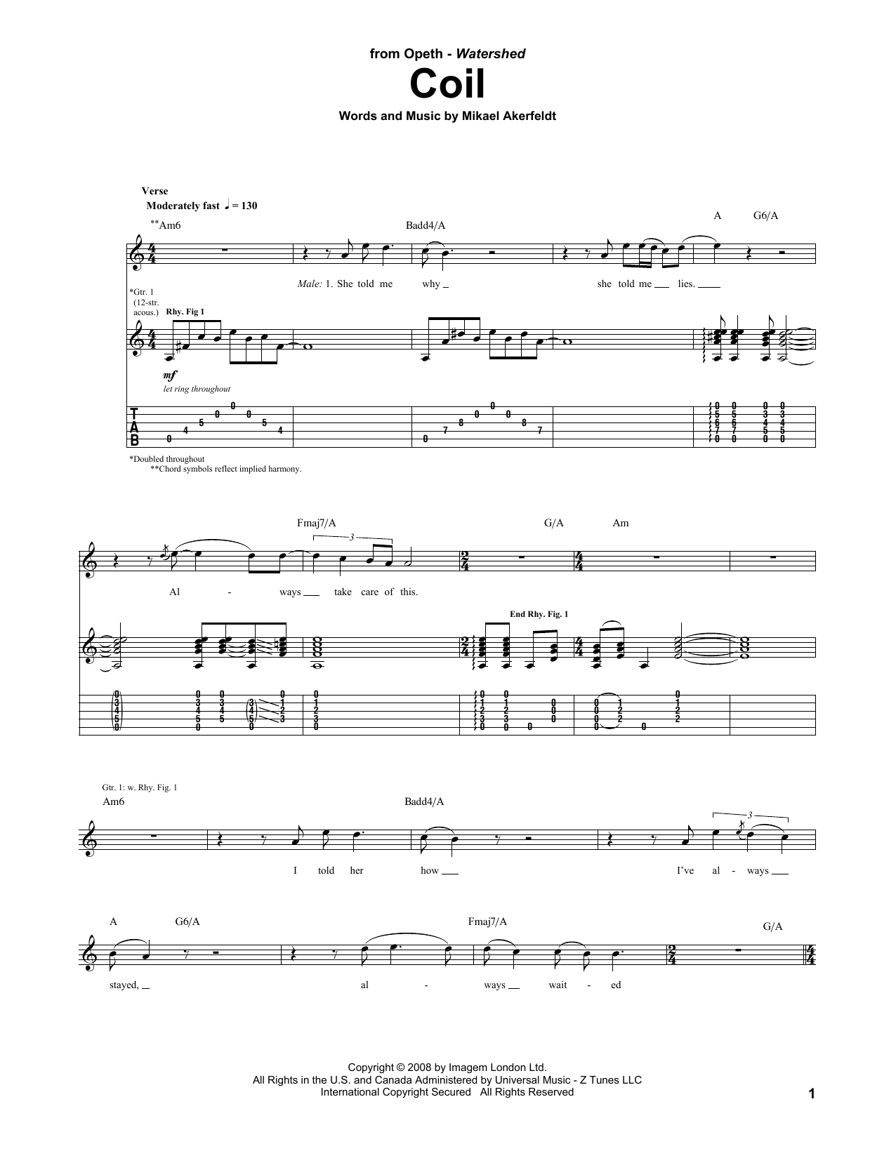 Download Opeth Coil Sheet Music and learn how to play Guitar Tab PDF digital score in minutes