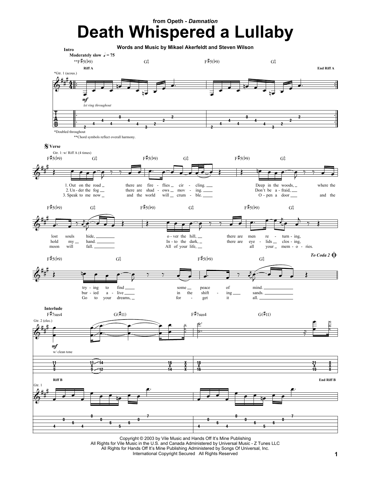 Download Opeth Death Whispered A Lullaby Sheet Music and learn how to play Guitar Tab PDF digital score in minutes