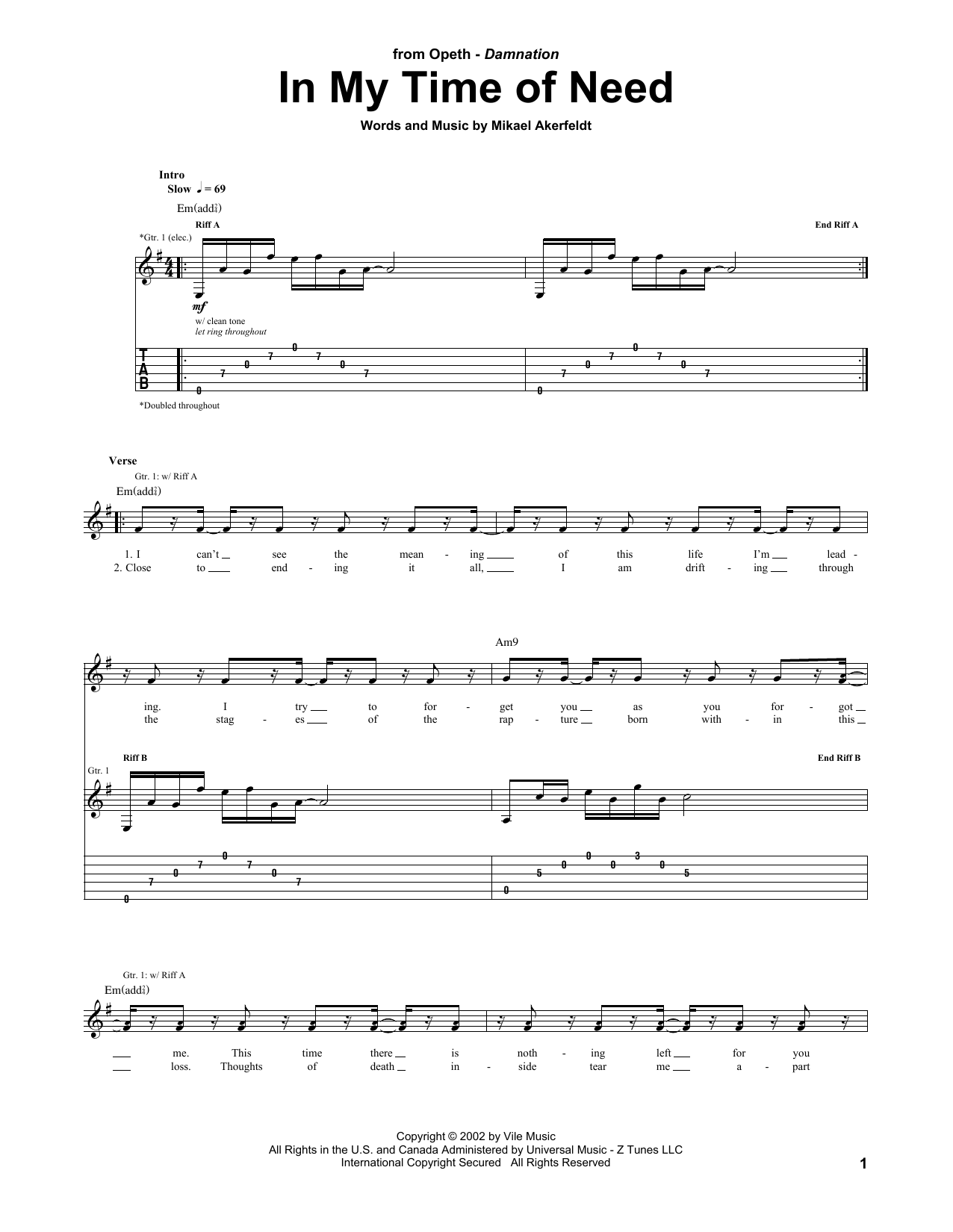 Download Opeth In My Time Of Need Sheet Music and learn how to play Guitar Tab PDF digital score in minutes