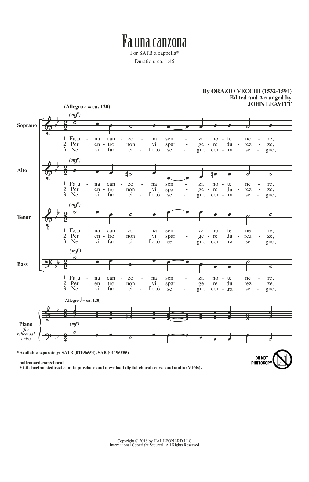 Download Orazio Vecchi Fa Una Canzona (arr. John Leavitt) Sheet Music and learn how to play SAB Choir PDF digital score in minutes