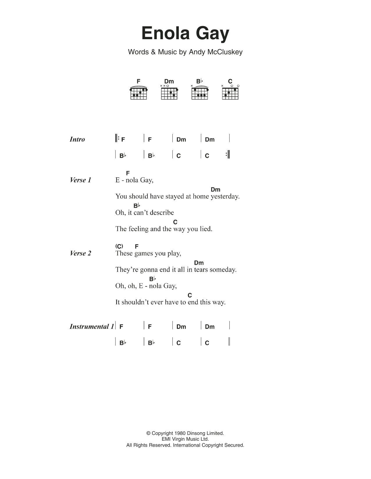 Download Orchestral Manouvers in the Dark Enola Gay Sheet Music and learn how to play Lyrics & Chords PDF digital score in minutes