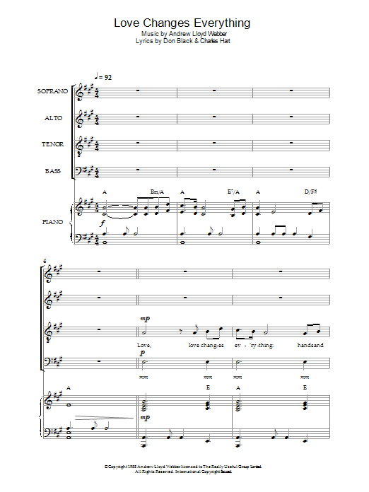 Download Andrew Lloyd Webber Love Changes Everything (from Aspects Of Love) (arr. Jeremy Birchall) Sheet Music and learn how to play SATB PDF digital score in minutes