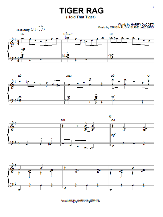 Download Original Dixieland Jazz Band Tiger Rag (Hold That Tiger) Sheet Music and learn how to play Piano PDF digital score in minutes