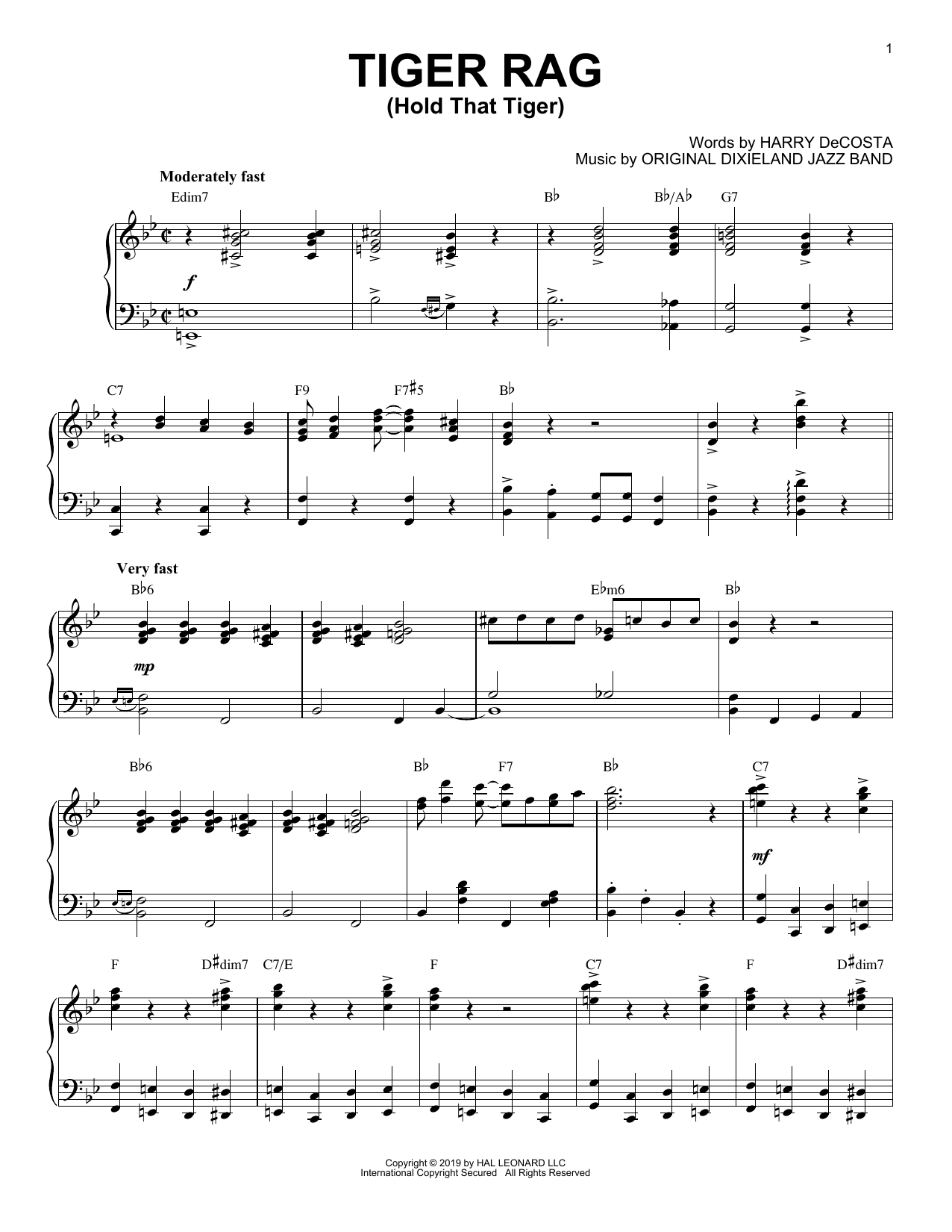 Download Original Dixieland Jazz Band Tiger Rag (Hold That Tiger) [Jazz version] Sheet Music and learn how to play Piano Solo PDF digital score in minutes