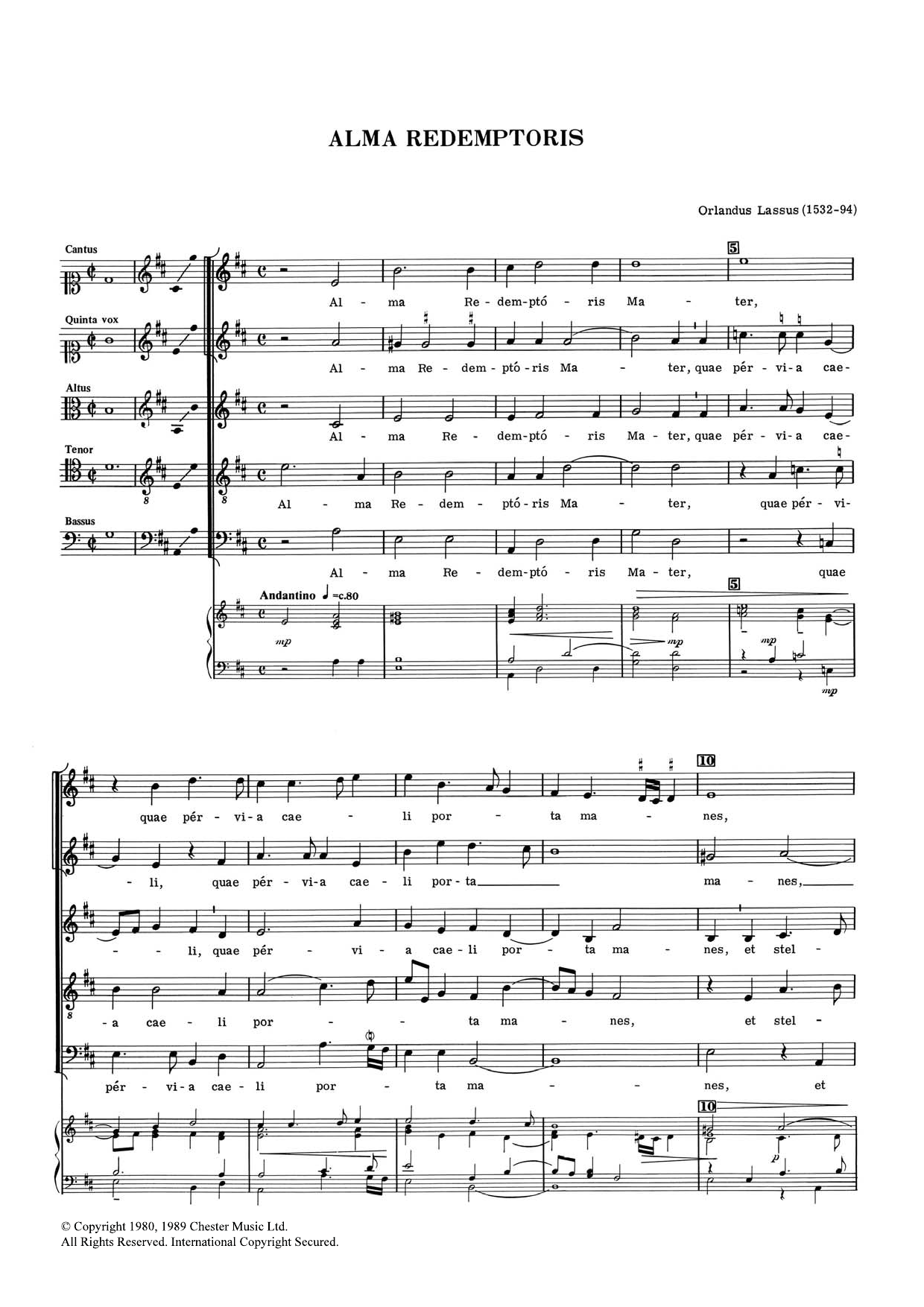 Download Orlandus Lassus Alma Redemptoris Sheet Music and learn how to play Choral SAATB PDF digital score in minutes