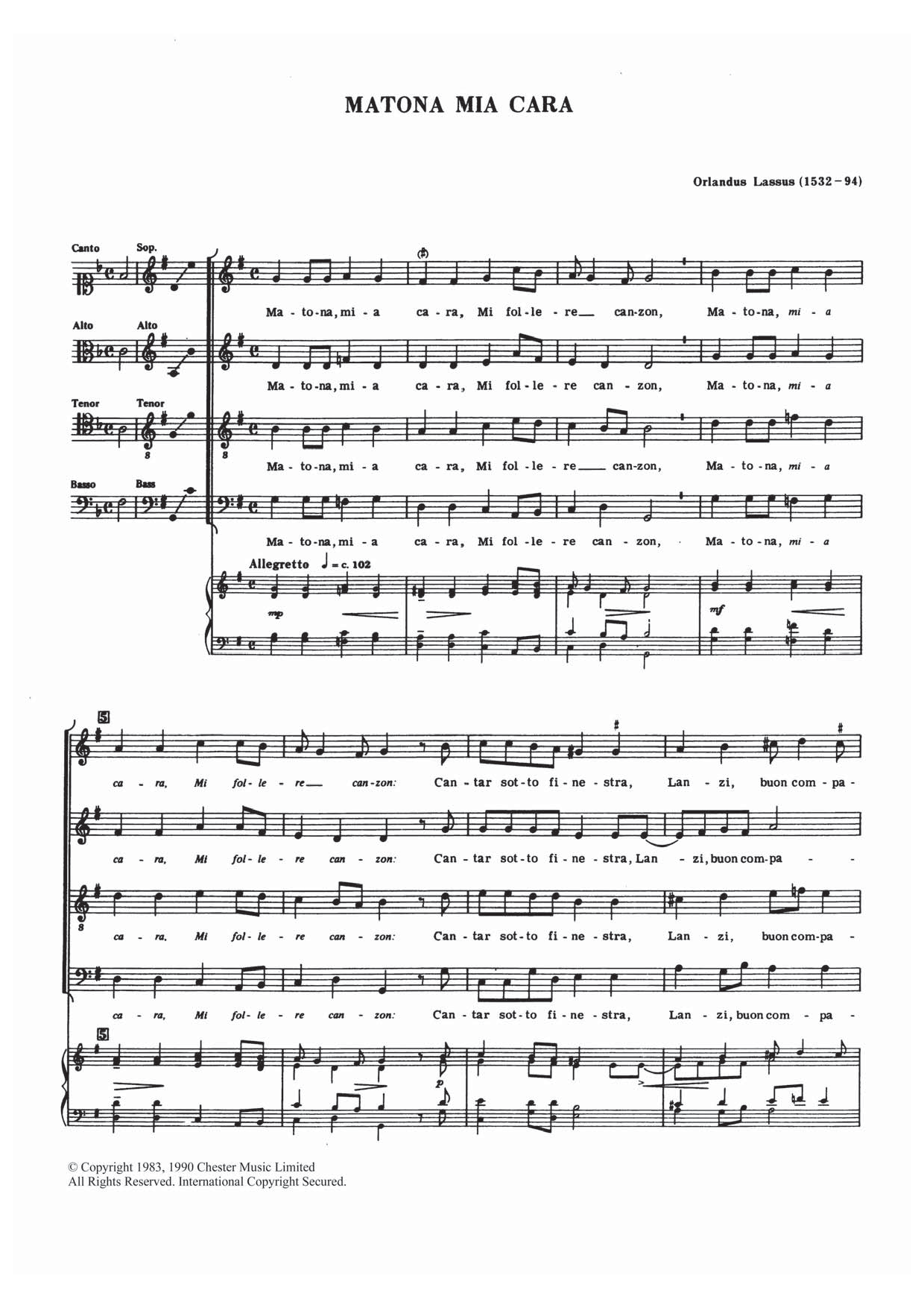 Download Orlandus Lassus Matona Mia Cara Sheet Music and learn how to play Choir PDF digital score in minutes