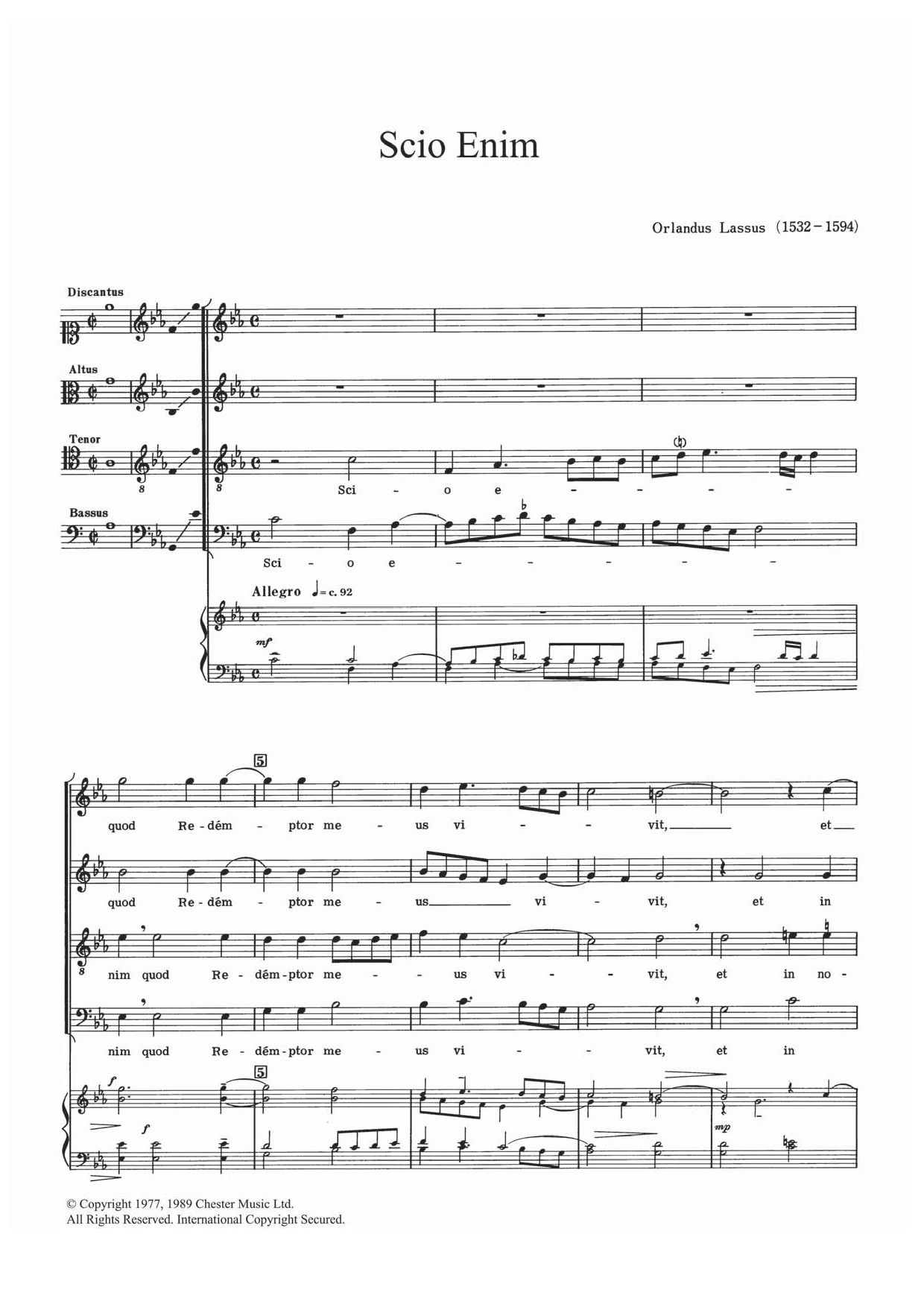 Download Orlandus Lassus Scio Enim Sheet Music and learn how to play SATB PDF digital score in minutes