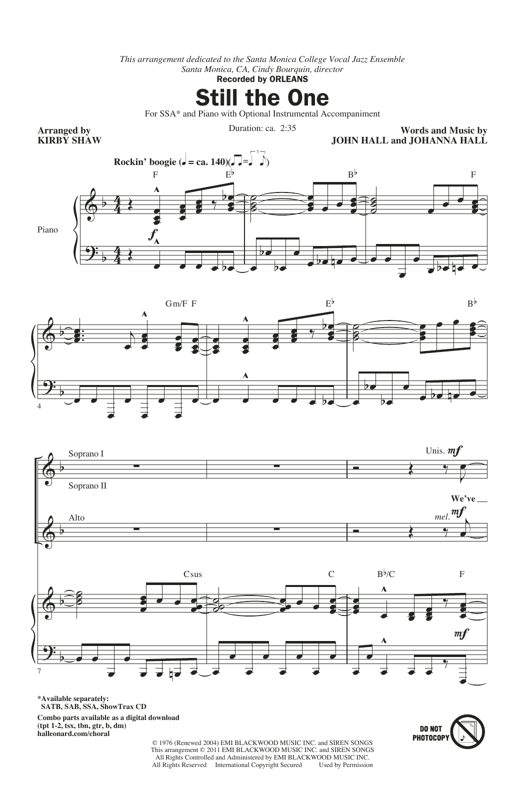 Download Orleans Still The One (arr. Kirby Shaw) Sheet Music and learn how to play SSA Choir PDF digital score in minutes