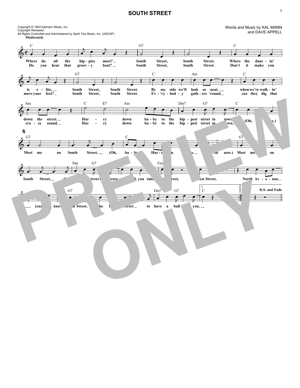 Download Orlons South Street Sheet Music and learn how to play Melody Line, Lyrics & Chords PDF digital score in minutes