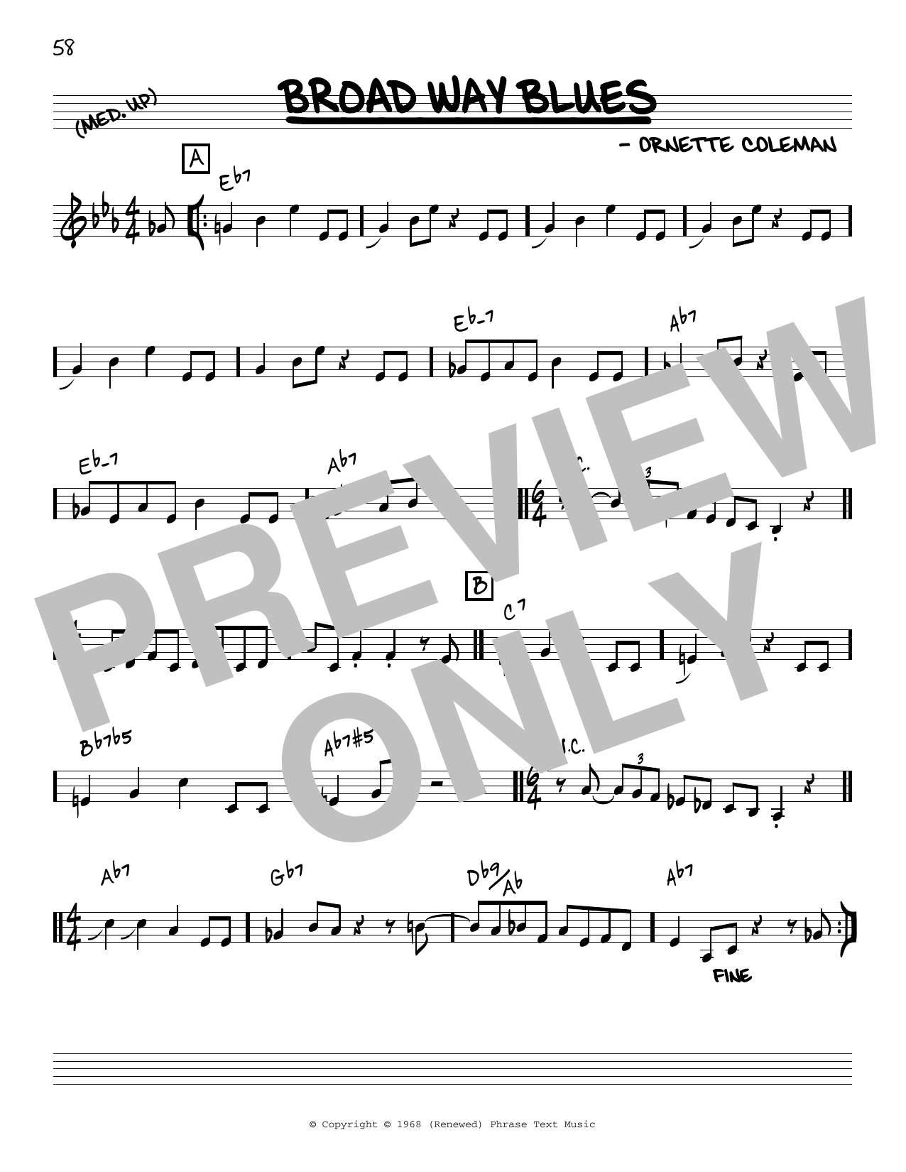 Download Ornette Coleman Broad Way Blues [Reharmonized version] (arr. Jack Grassel) Sheet Music and learn how to play Real Book – Melody & Chords PDF digital score in minutes