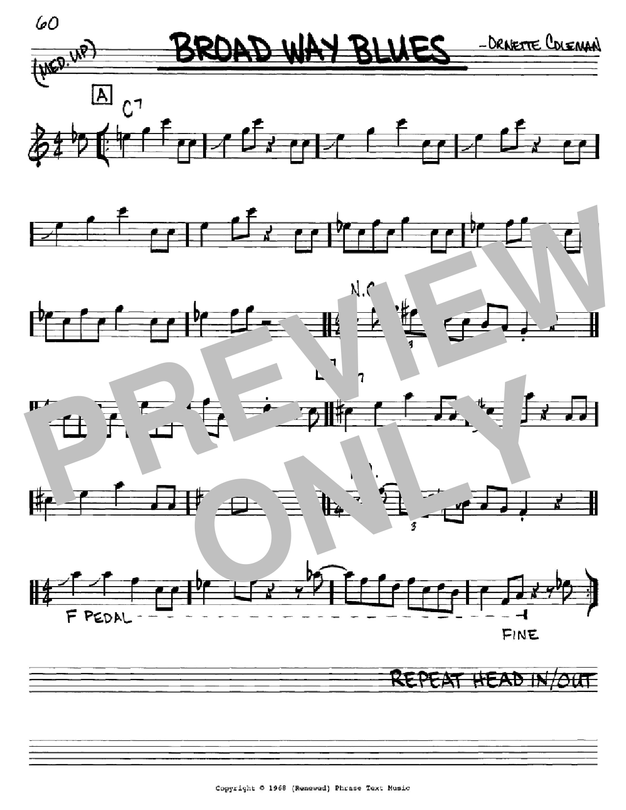 Download Ornette Coleman Broad Way Blues Sheet Music and learn how to play Real Book - Melody & Chords - C Instruments PDF digital score in minutes