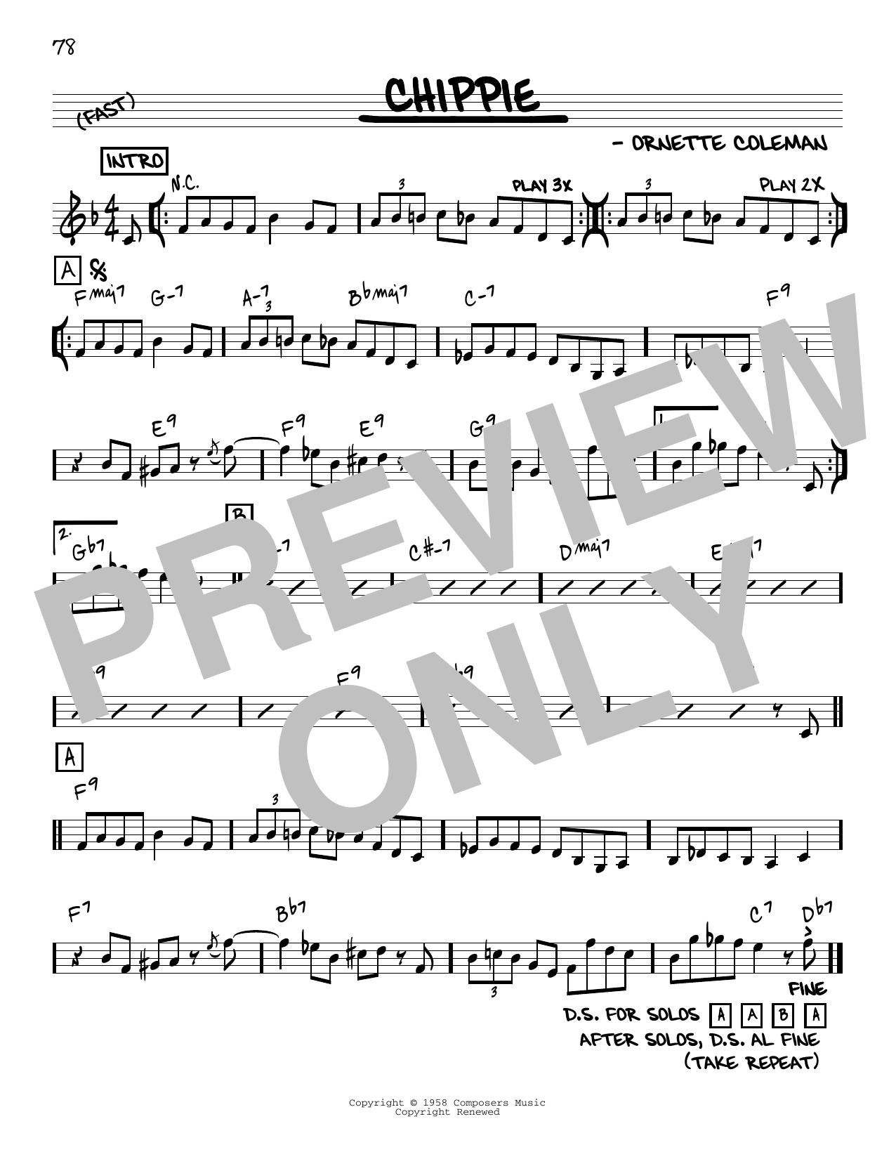 Download Ornette Coleman Chippie [Reharmonized version] (arr. Jack Grassel) Sheet Music and learn how to play Real Book – Melody & Chords PDF digital score in minutes