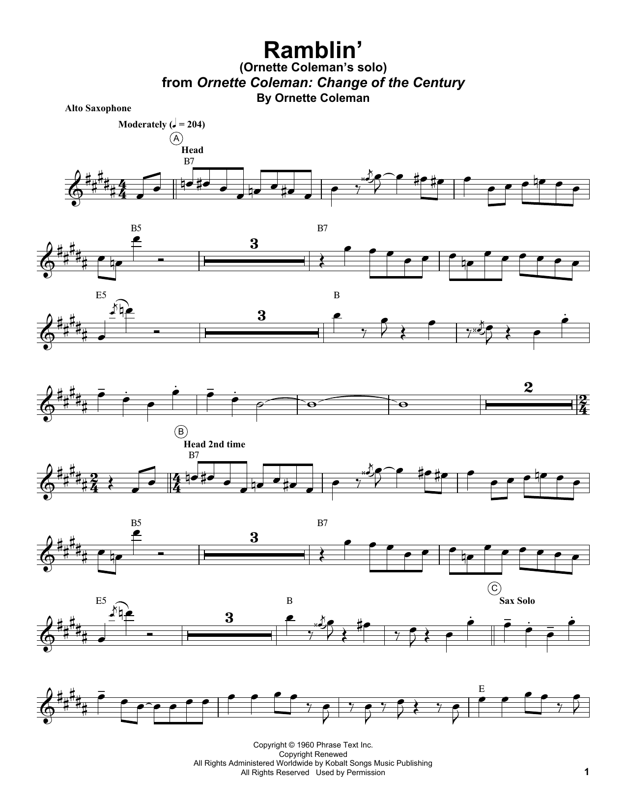 Download Ornette Coleman Ramblin' Sheet Music and learn how to play Alto Sax Transcription PDF digital score in minutes