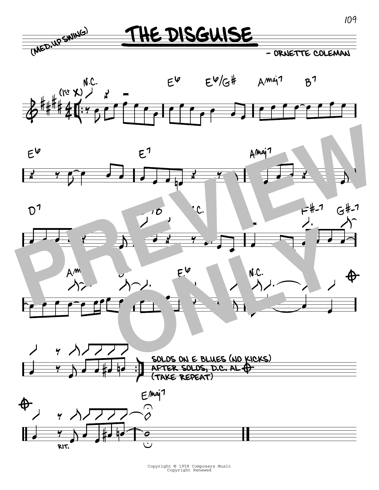 Download Ornette Coleman The Disguise Sheet Music and learn how to play Real Book – Melody & Chords PDF digital score in minutes