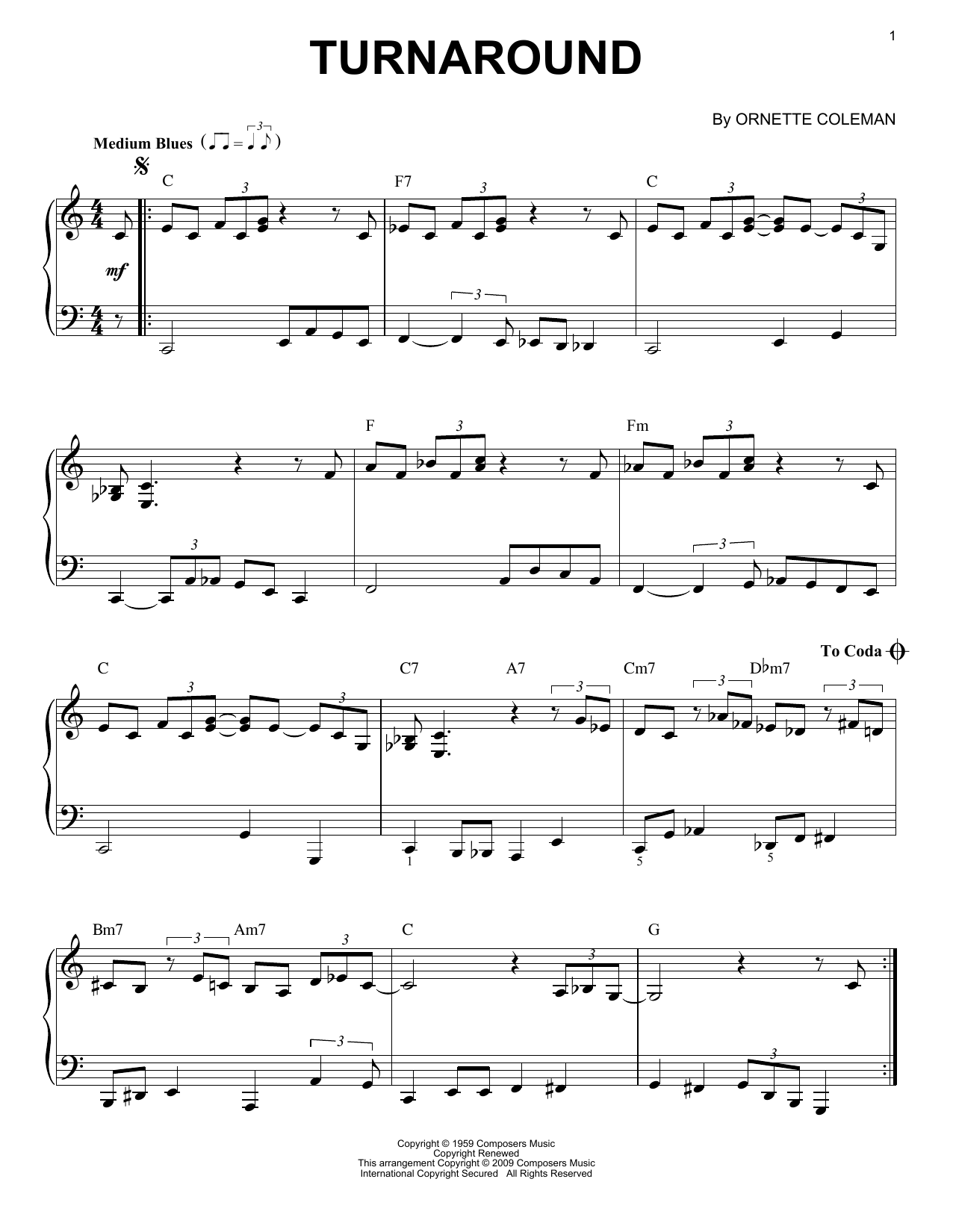 Download Ornette Coleman Turnaround Sheet Music and learn how to play Piano PDF digital score in minutes