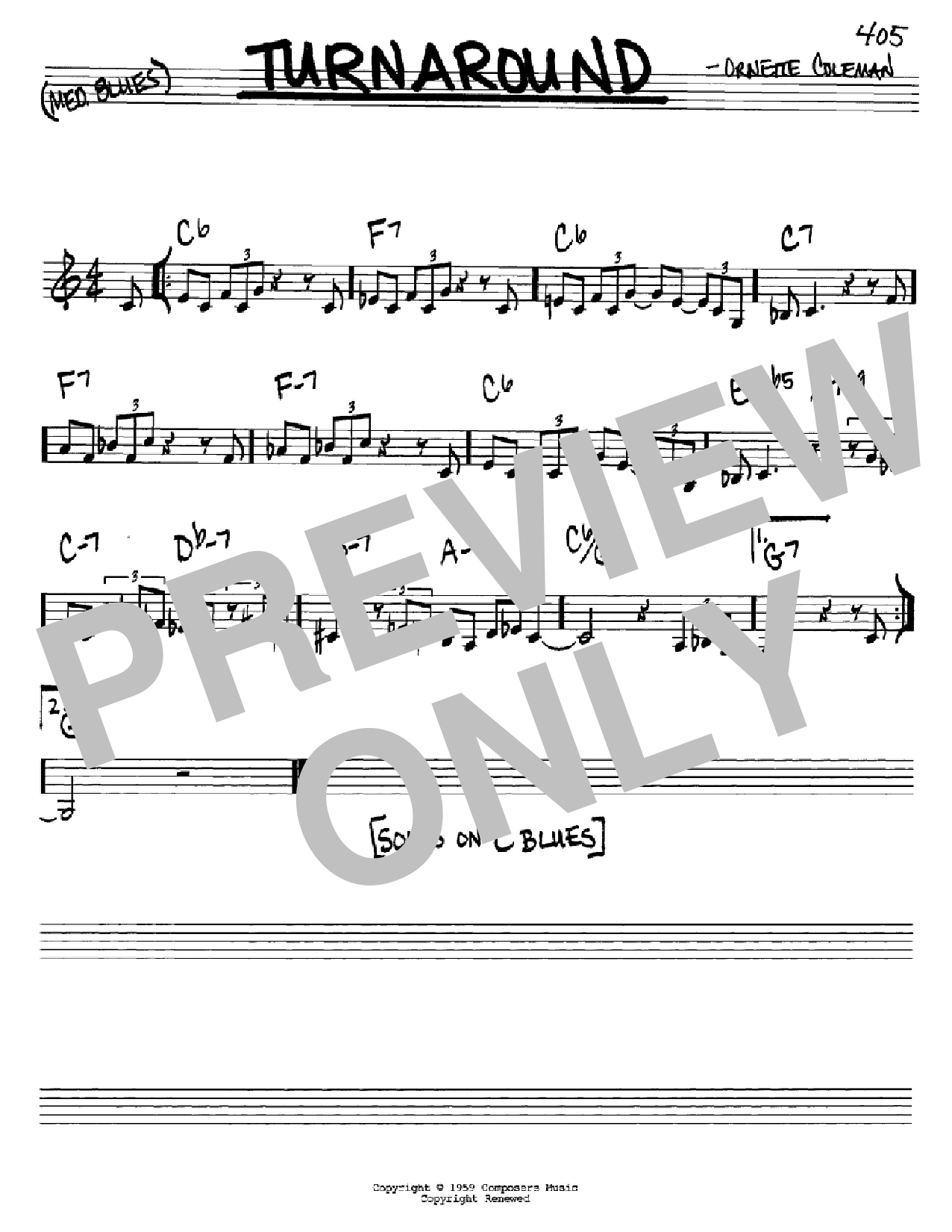 Download Ornette Coleman Turnaround Sheet Music and learn how to play Real Book - Melody & Chords - C Instruments PDF digital score in minutes