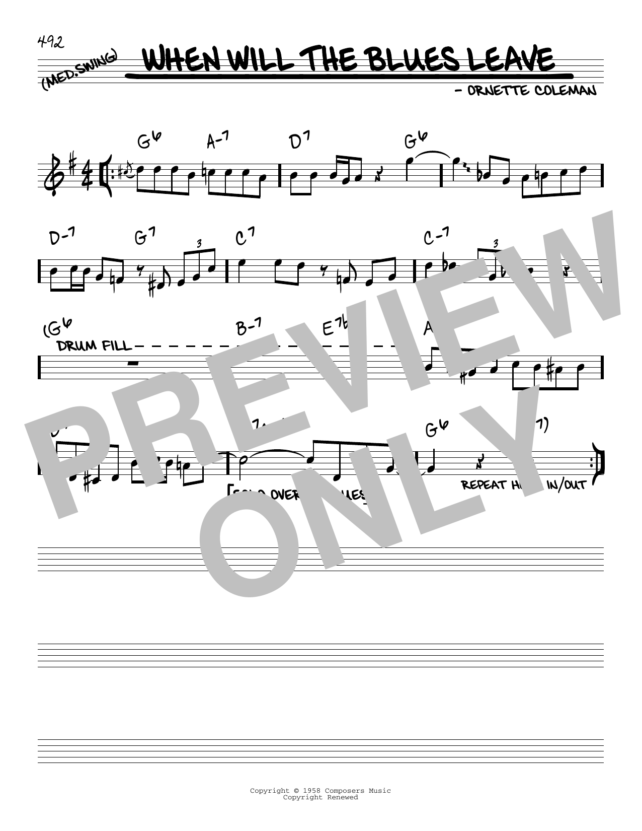 Download Ornette Coleman When Will The Blues Leave Sheet Music and learn how to play Real Book – Melody & Chords PDF digital score in minutes