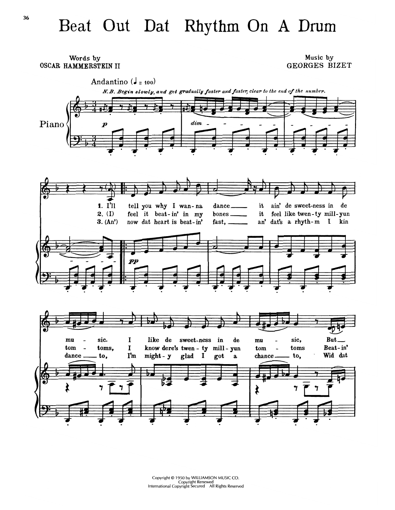 Download Oscar Hammerstein II & Georges Bizet Beat Out Dat Rhythm On A Drum (from Carmen Jones) Sheet Music and learn how to play Piano, Vocal & Guitar Chords (Right-Hand Melody) PDF digital score in minutes