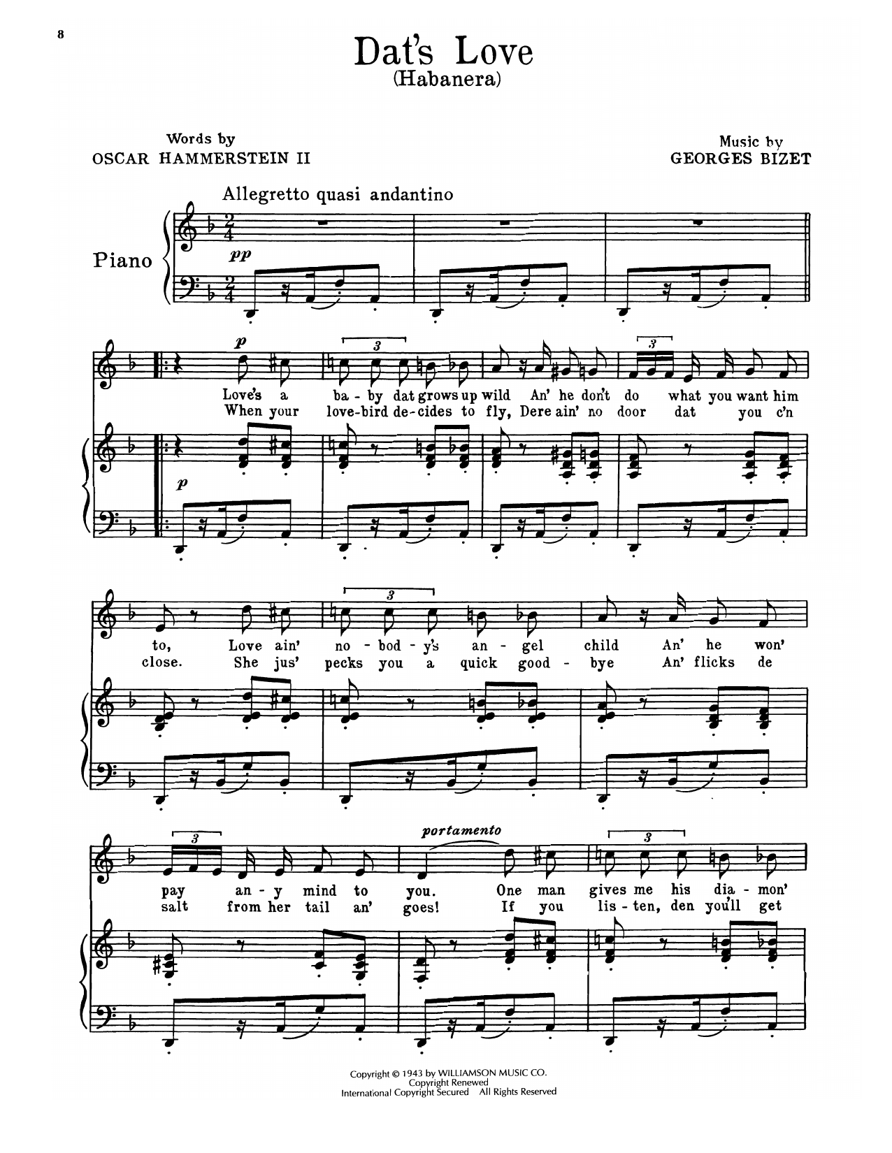 Download Oscar Hammerstein II & Georges Bizet Dat's Love (Habanera) (from Carmen Jones) Sheet Music and learn how to play Piano, Vocal & Guitar Chords (Right-Hand Melody) PDF digital score in minutes