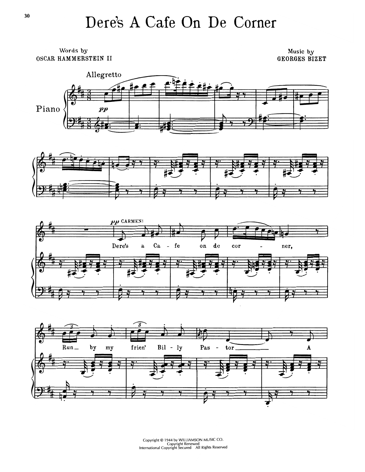 Download Oscar Hammerstein II & Georges Bizet Dere's A Cafe On De Corner (from Carmen Jones) Sheet Music and learn how to play Piano, Vocal & Guitar Chords (Right-Hand Melody) PDF digital score in minutes