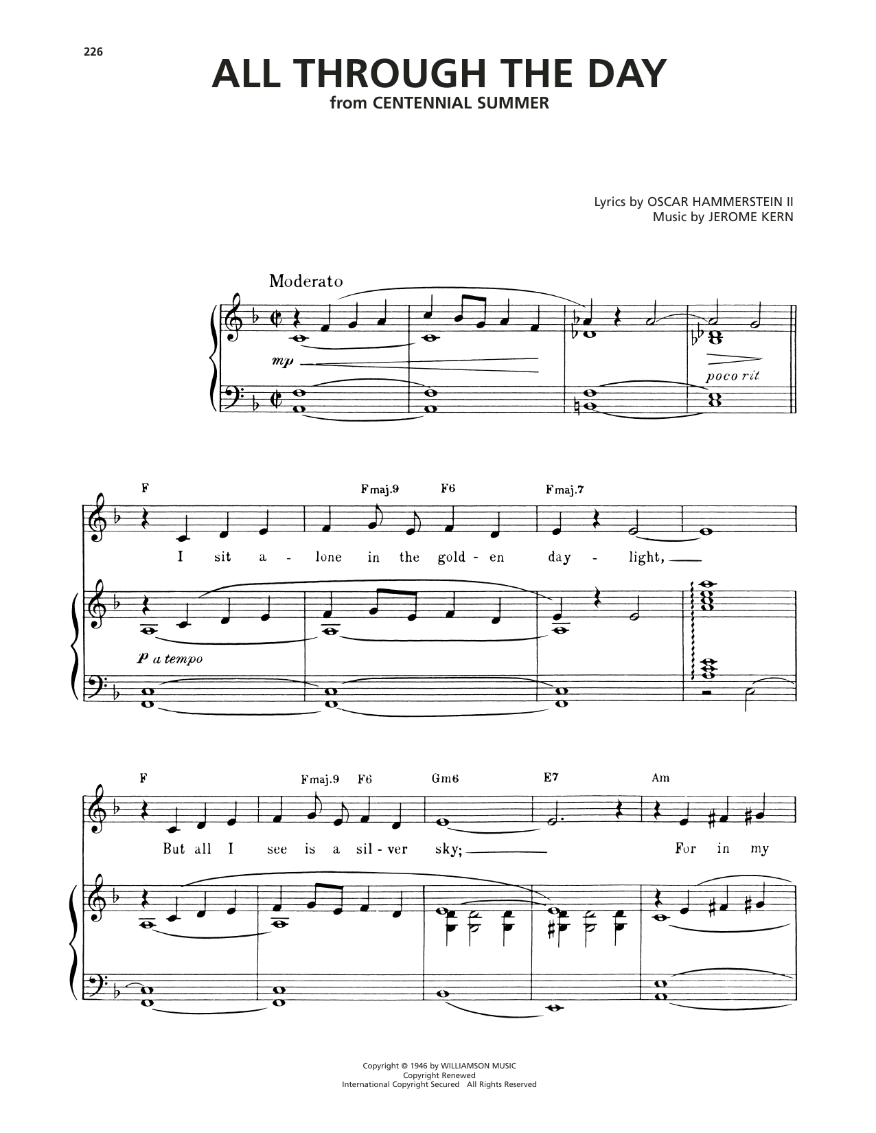 Download Oscar Hammerstein II & Jerome Kern All Through The Day (from Centennial Summer) Sheet Music and learn how to play Piano, Vocal & Guitar Chords (Right-Hand Melody) PDF digital score in minutes