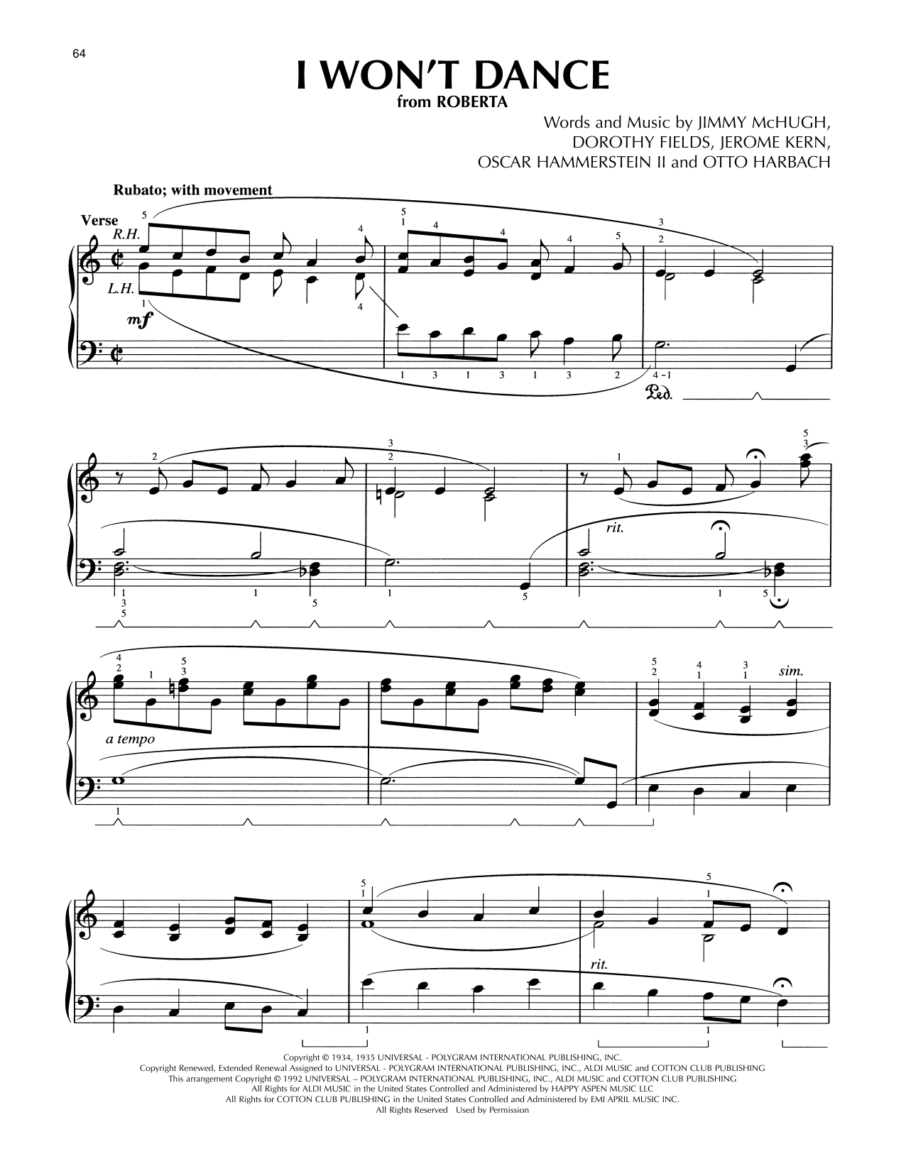 Download Oscar Hammerstein II & Jerome Kern I Won't Dance (from Roberta) (arr. Lee Evans) Sheet Music and learn how to play Piano Solo PDF digital score in minutes