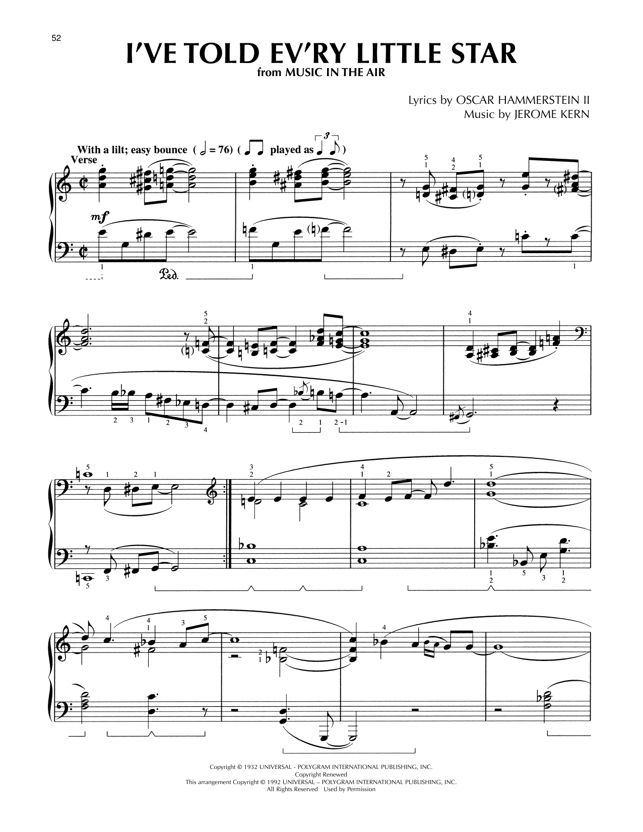 Download Oscar Hammerstein II & Jerome Kern I've Told Ev'ry Little Star (from Music In The Air) (arr. Lee Evans) Sheet Music and learn how to play Piano Solo PDF digital score in minutes