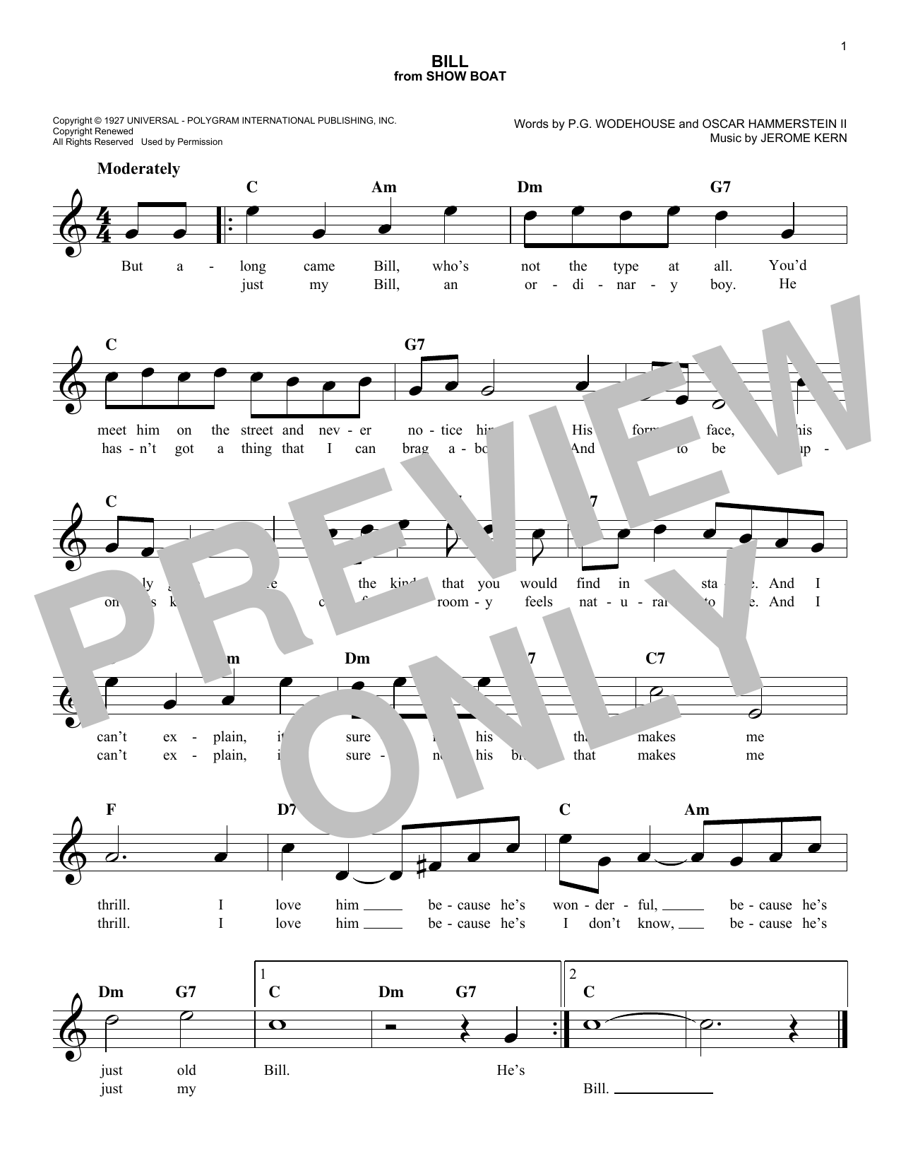 Download Oscar Hammerstein II Bill Sheet Music and learn how to play Melody Line, Lyrics & Chords PDF digital score in minutes