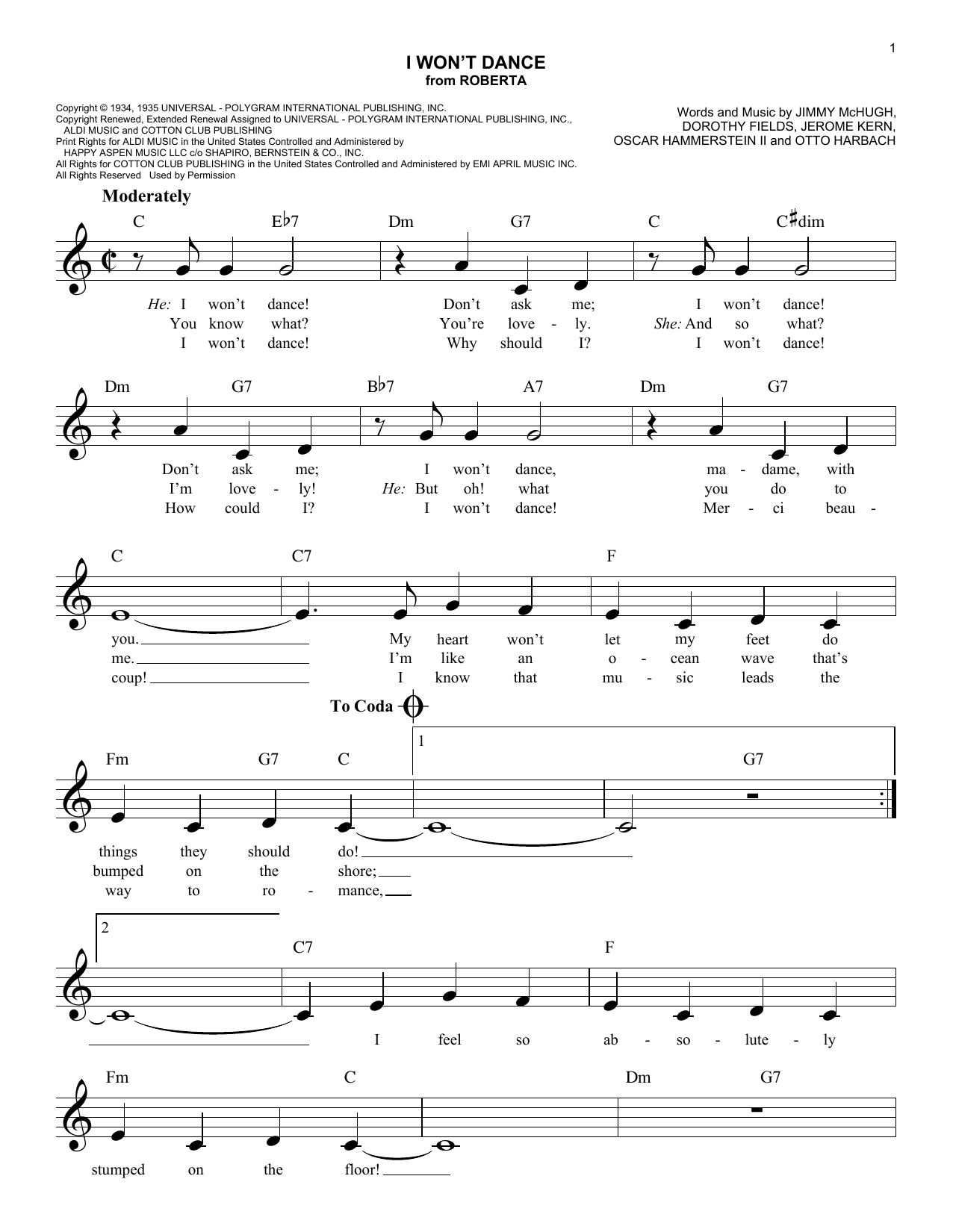 Download Oscar Hammerstein II I Won't Dance Sheet Music and learn how to play Lead Sheet / Fake Book PDF digital score in minutes