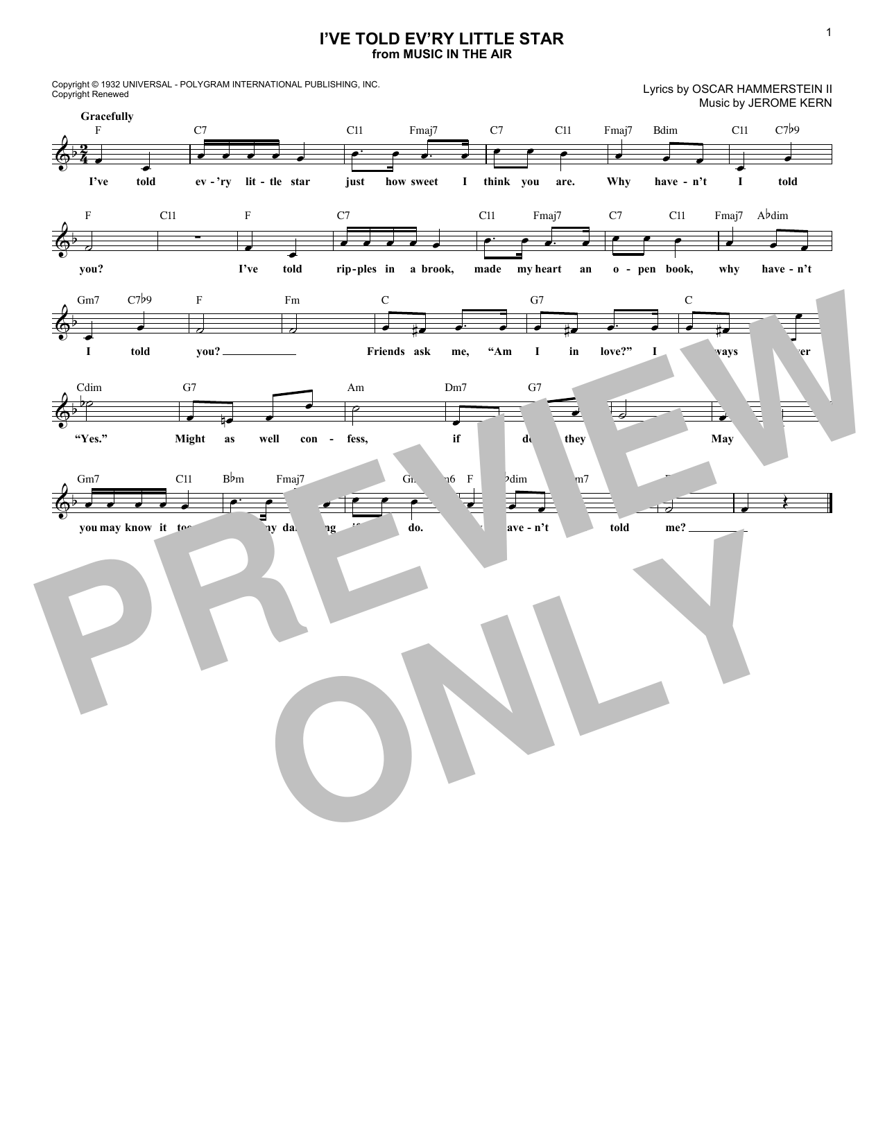 Download Oscar Hammerstein II I've Told Ev'ry Little Star Sheet Music and learn how to play Real Book – Melody & Chords PDF digital score in minutes