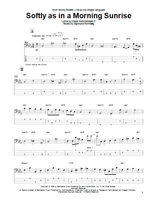 Download Sigmund Romberg Softly As In A Morning Sunrise Sheet Music and learn how to play Bass Guitar Tab PDF digital score in minutes