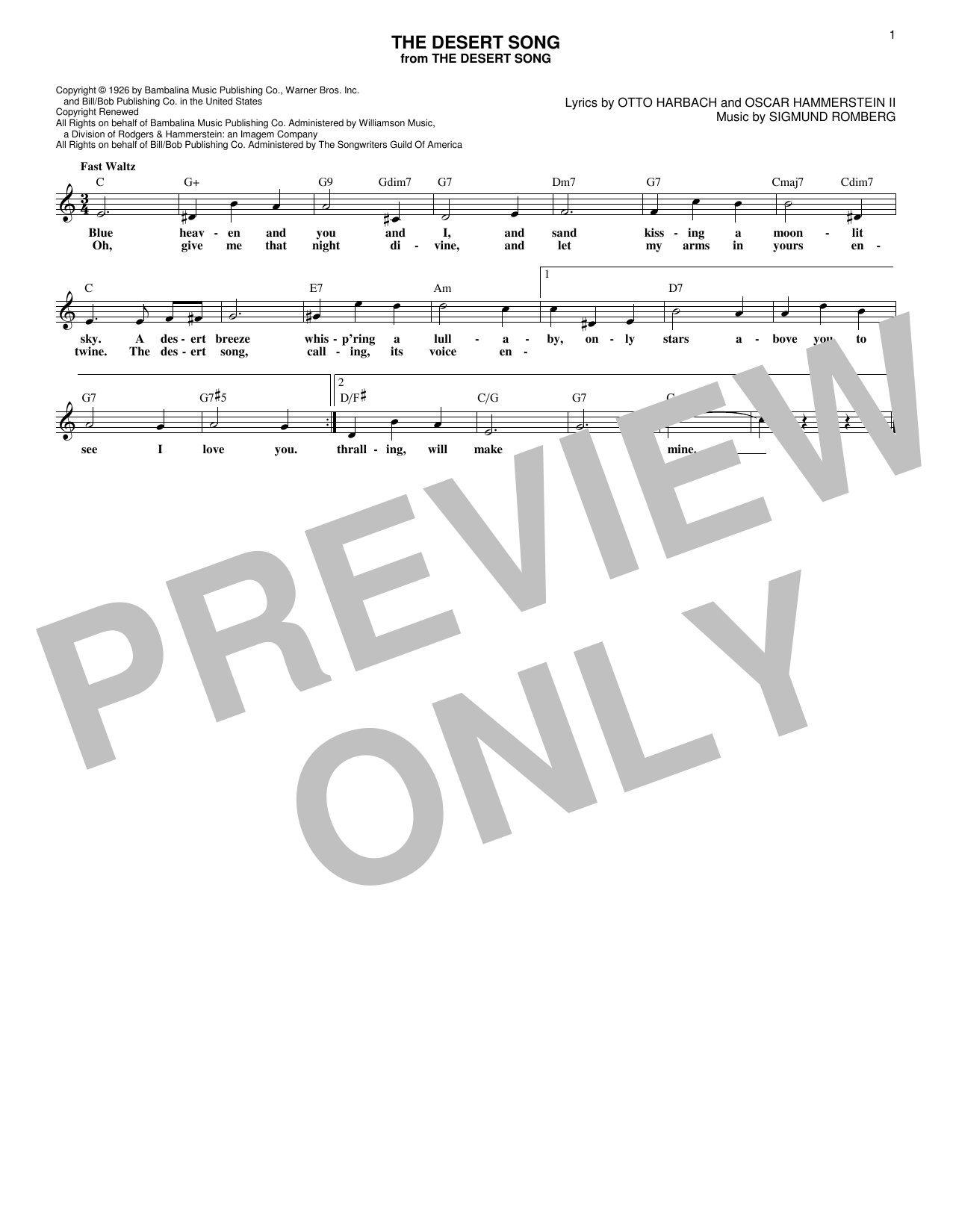 Download Oscar Hammerstein II The Desert Song Sheet Music and learn how to play Melody Line, Lyrics & Chords PDF digital score in minutes
