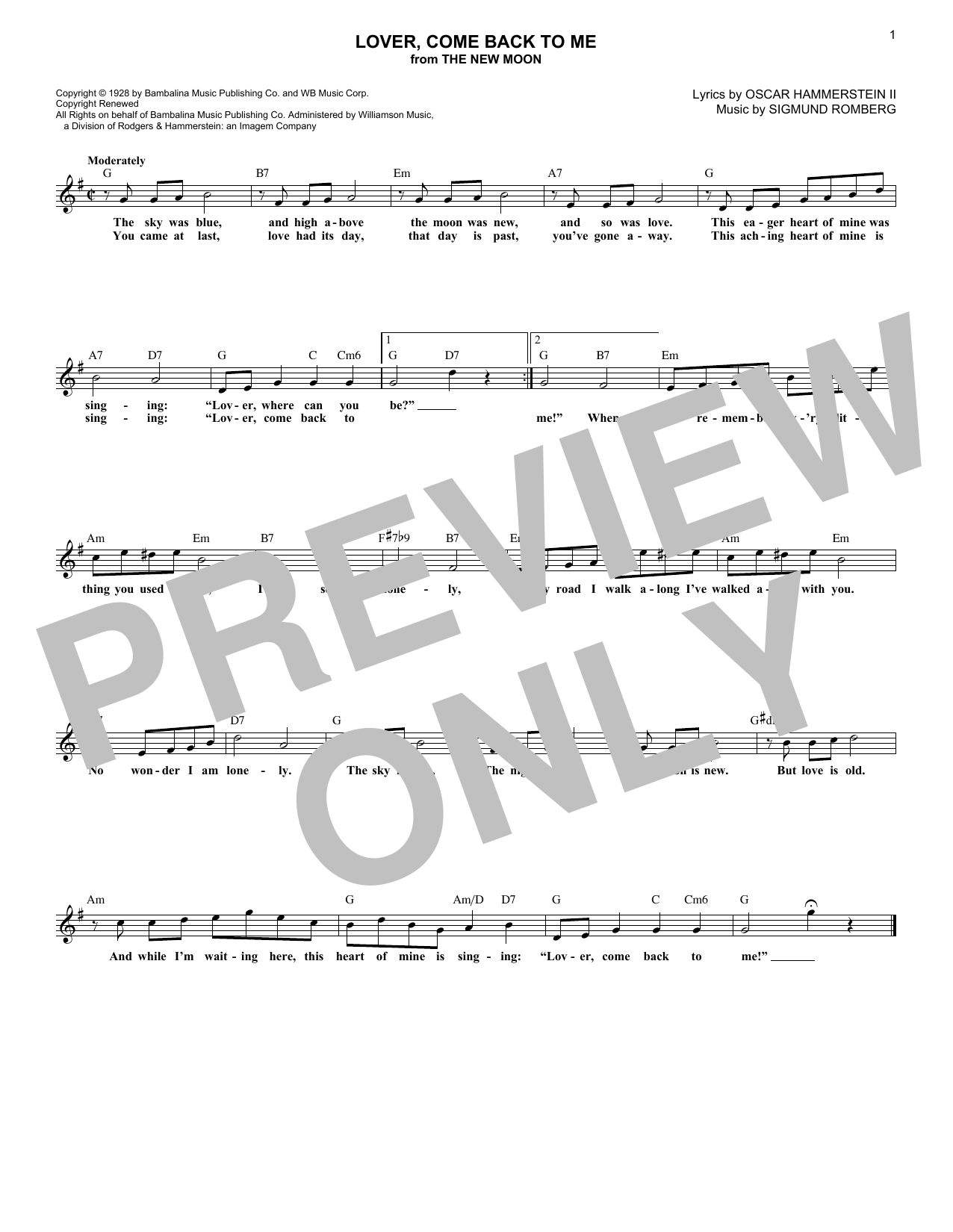 Download Oscar Hammerstein II Lover, Come Back To Me Sheet Music and learn how to play Melody Line, Lyrics & Chords PDF digital score in minutes