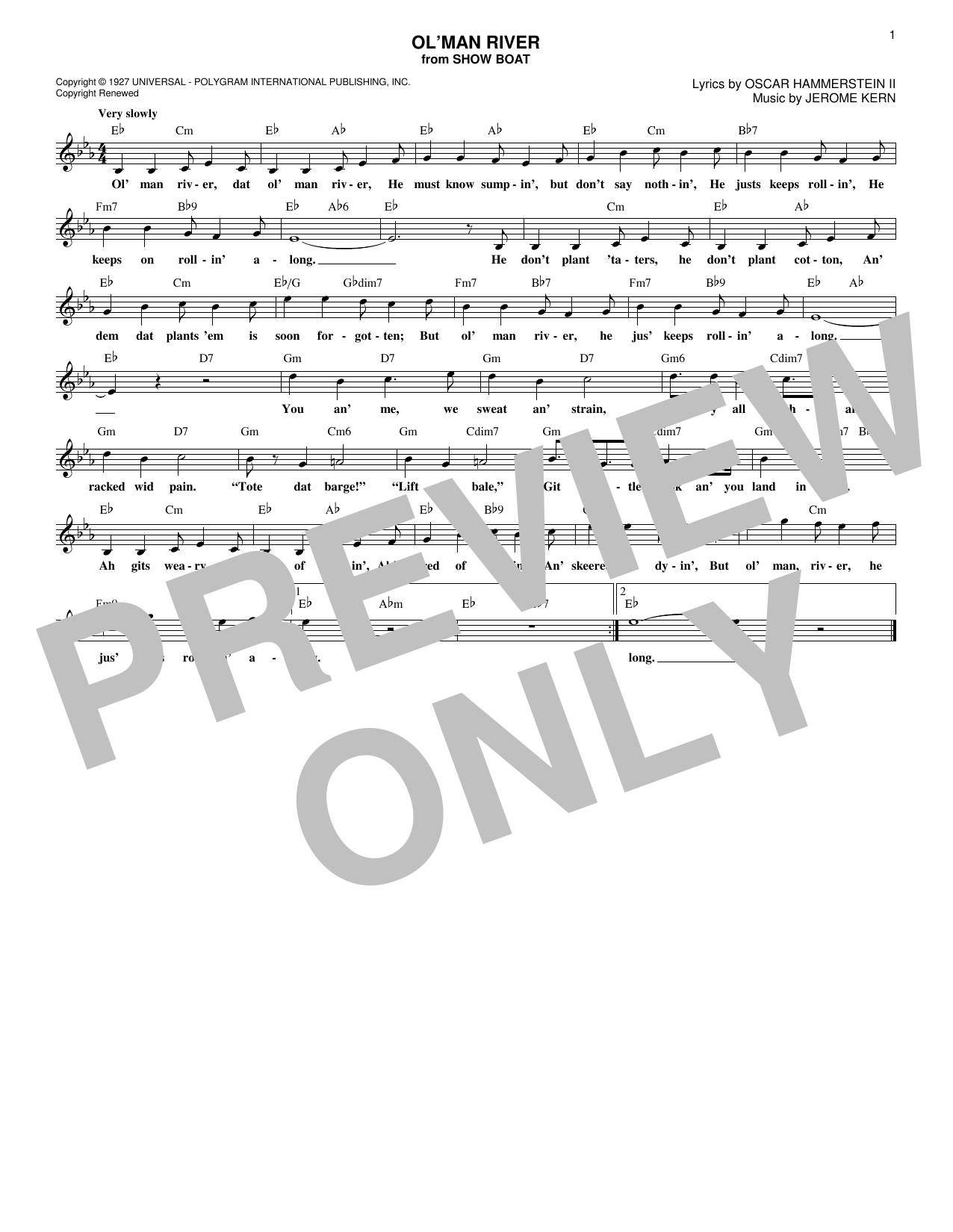 Download Oscar Hammerstein II Ol' Man River Sheet Music and learn how to play Melody Line, Lyrics & Chords PDF digital score in minutes