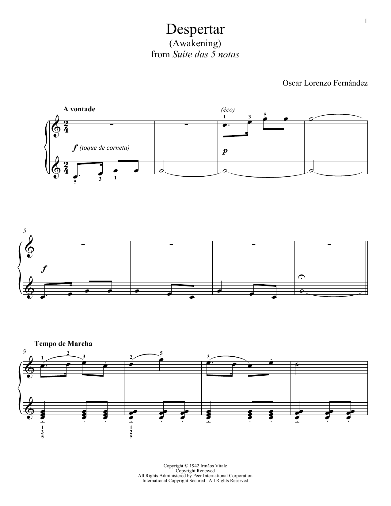 Download OSCAR LORENZO FERNANDEZ Despertar Sheet Music and learn how to play Piano Solo PDF digital score in minutes