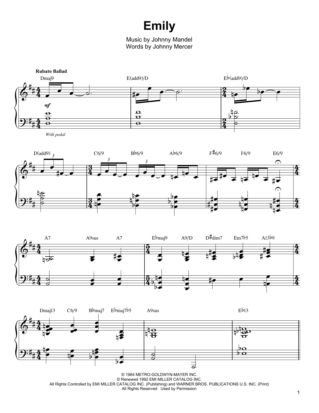 Download Oscar Peterson Emily Sheet Music and learn how to play Piano Transcription PDF digital score in minutes