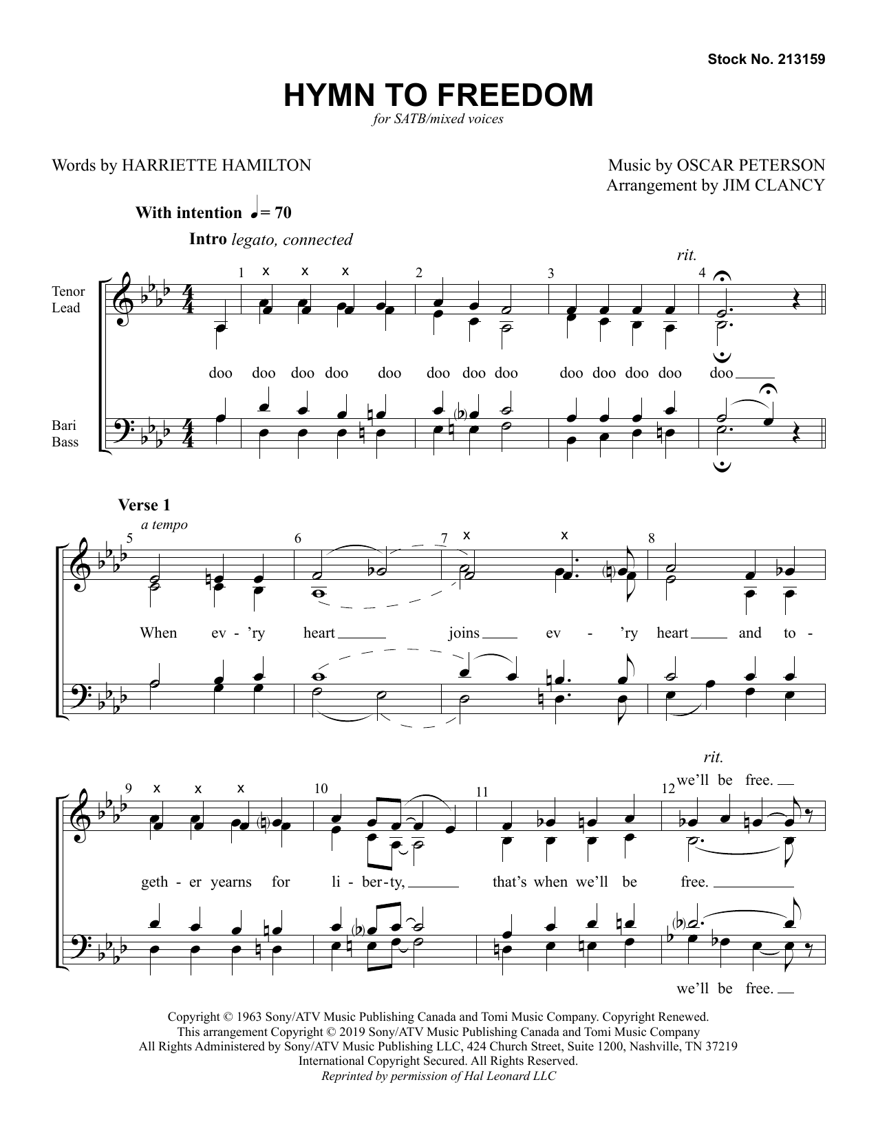 Download Oscar Peterson Hymn to Freedom (arr. Jim Clancy) Sheet Music and learn how to play SSA Choir PDF digital score in minutes