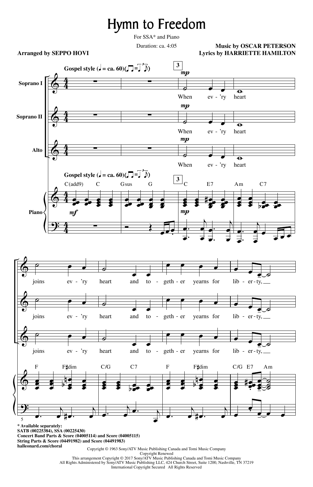 Download Seppo Hovi Hymn To Freedom Sheet Music and learn how to play SSA PDF digital score in minutes