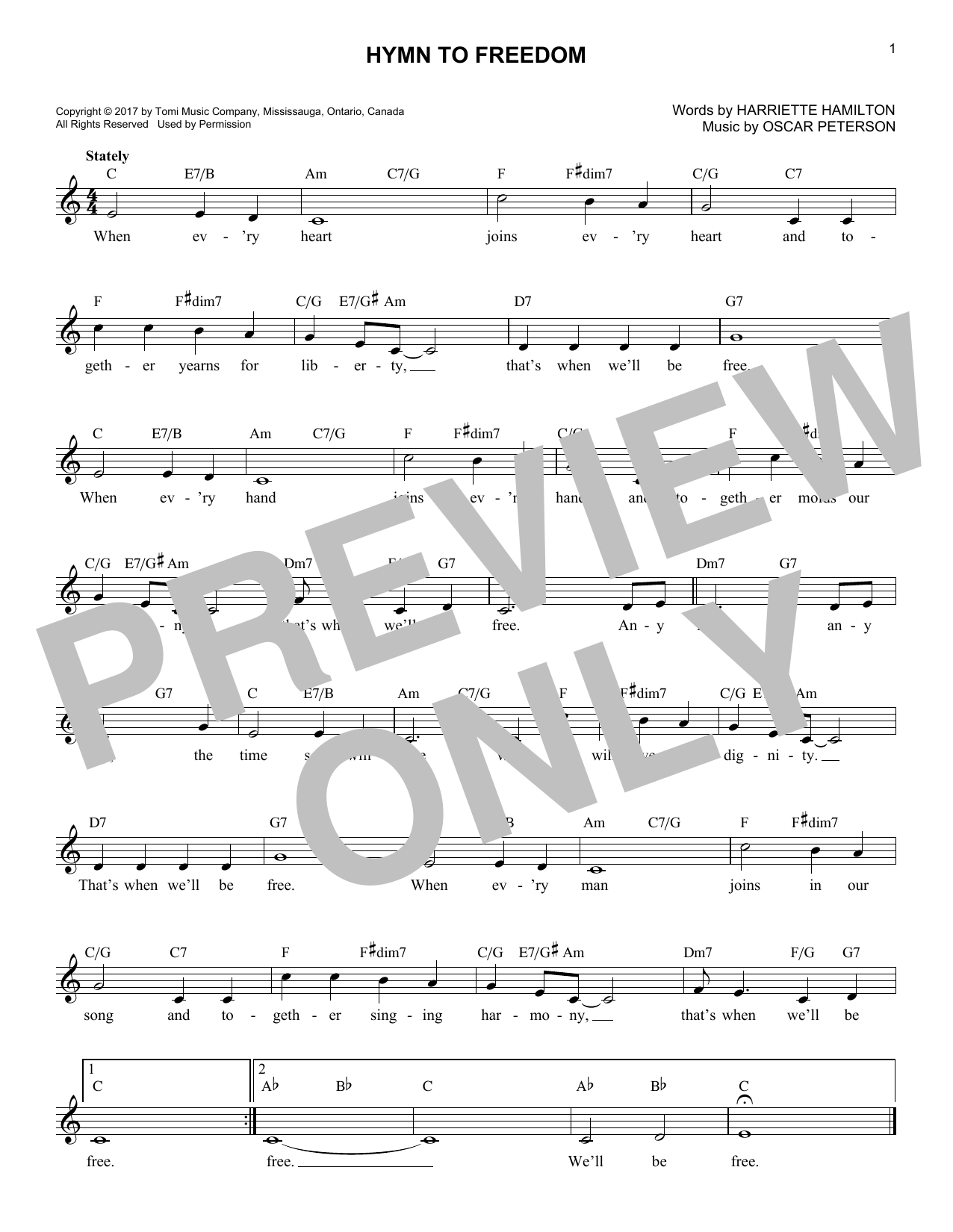 Download Oscar Peterson Hymn To Freedom Sheet Music and learn how to play Melody Line, Lyrics & Chords PDF digital score in minutes