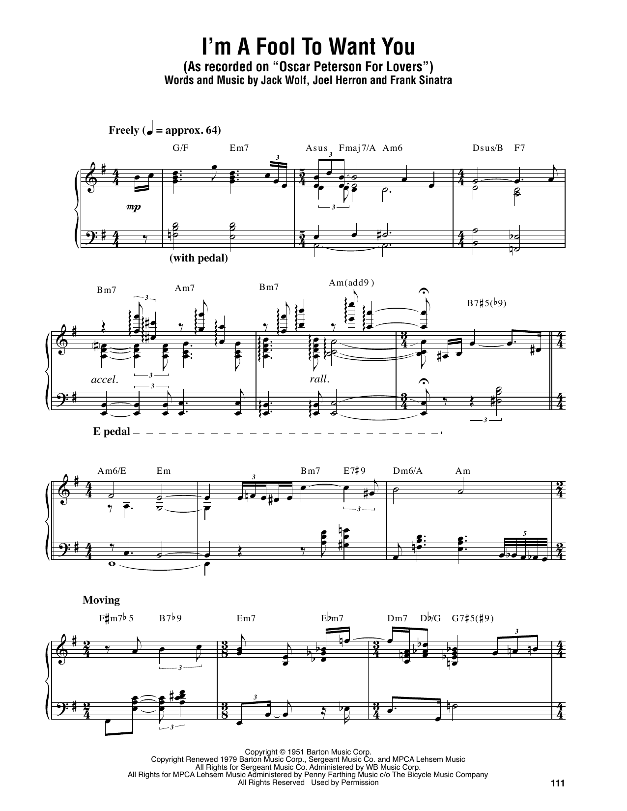 Download Oscar Peterson I'm A Fool To Want You Sheet Music and learn how to play Piano Transcription PDF digital score in minutes