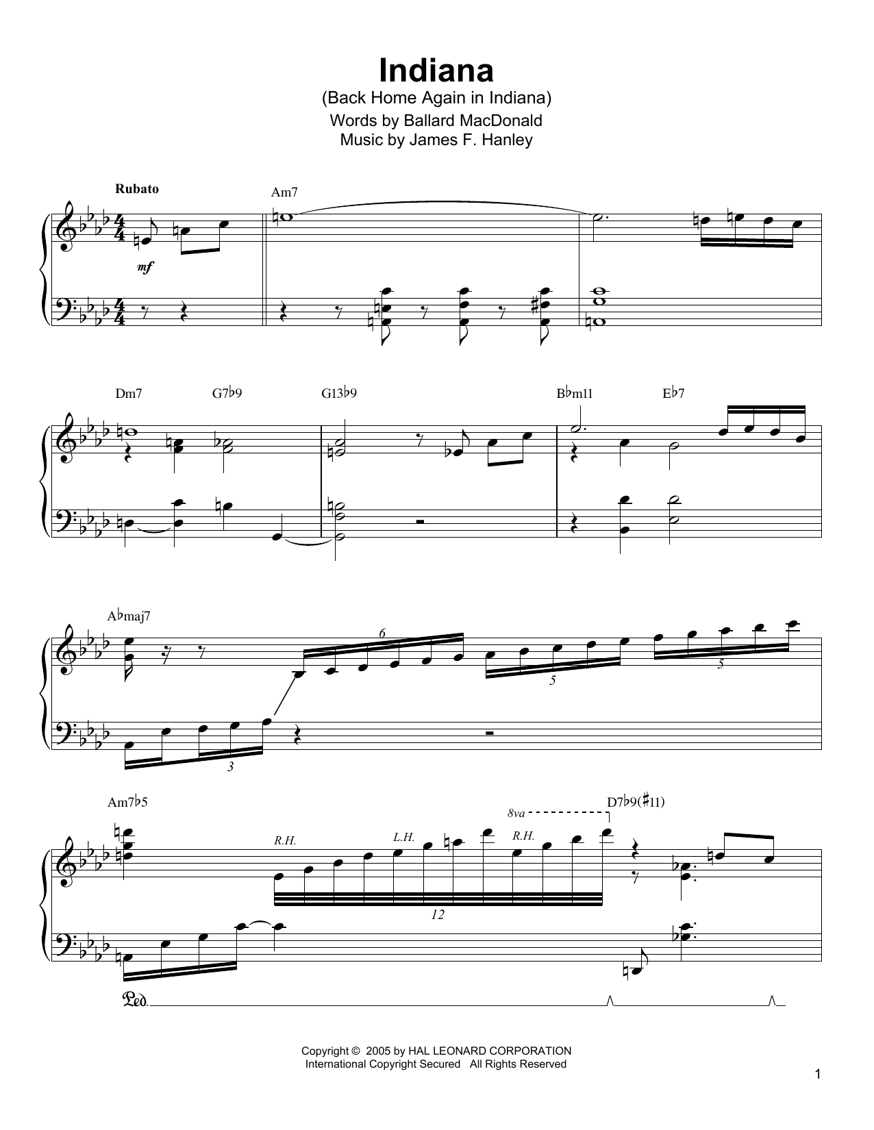 Download Oscar Peterson Indiana (Back Home Again In Indiana) Sheet Music and learn how to play Piano Transcription PDF digital score in minutes