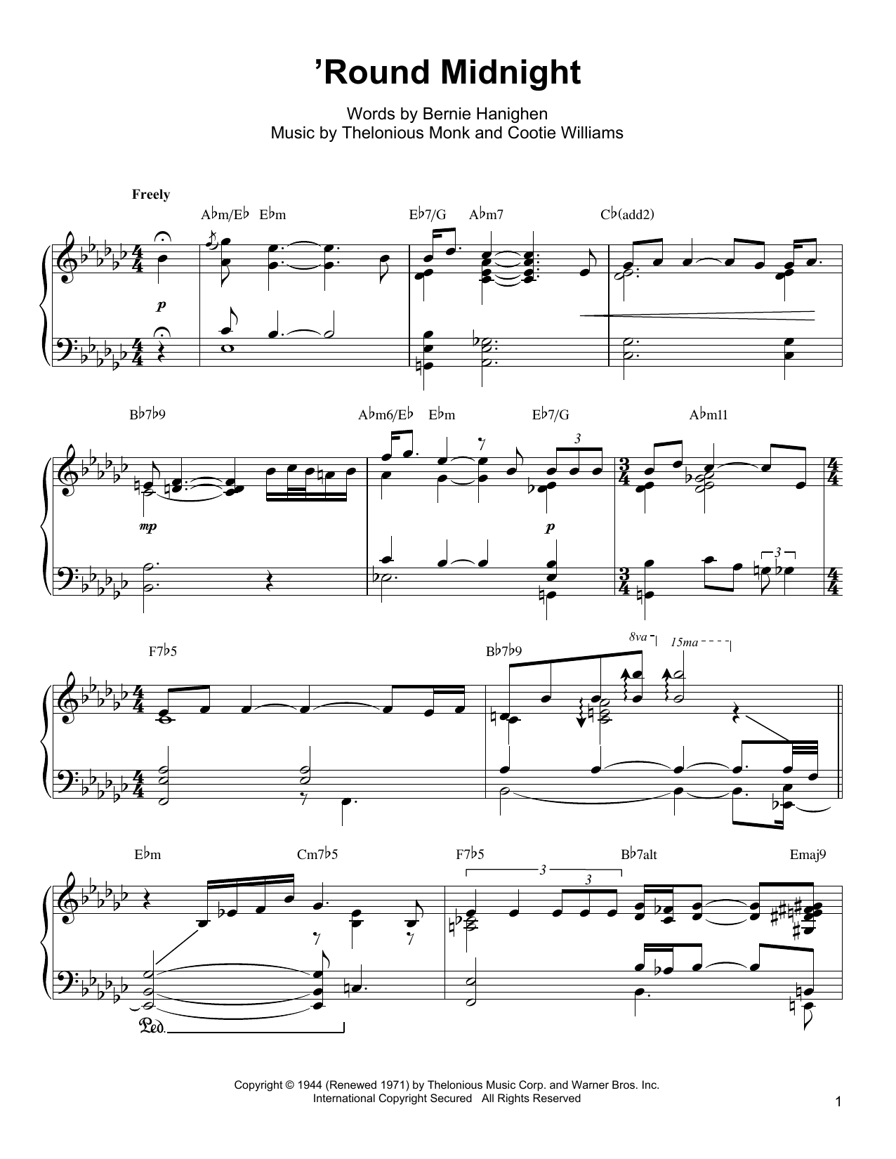 Download Oscar Peterson 'Round Midnight Sheet Music and learn how to play Piano Transcription PDF digital score in minutes