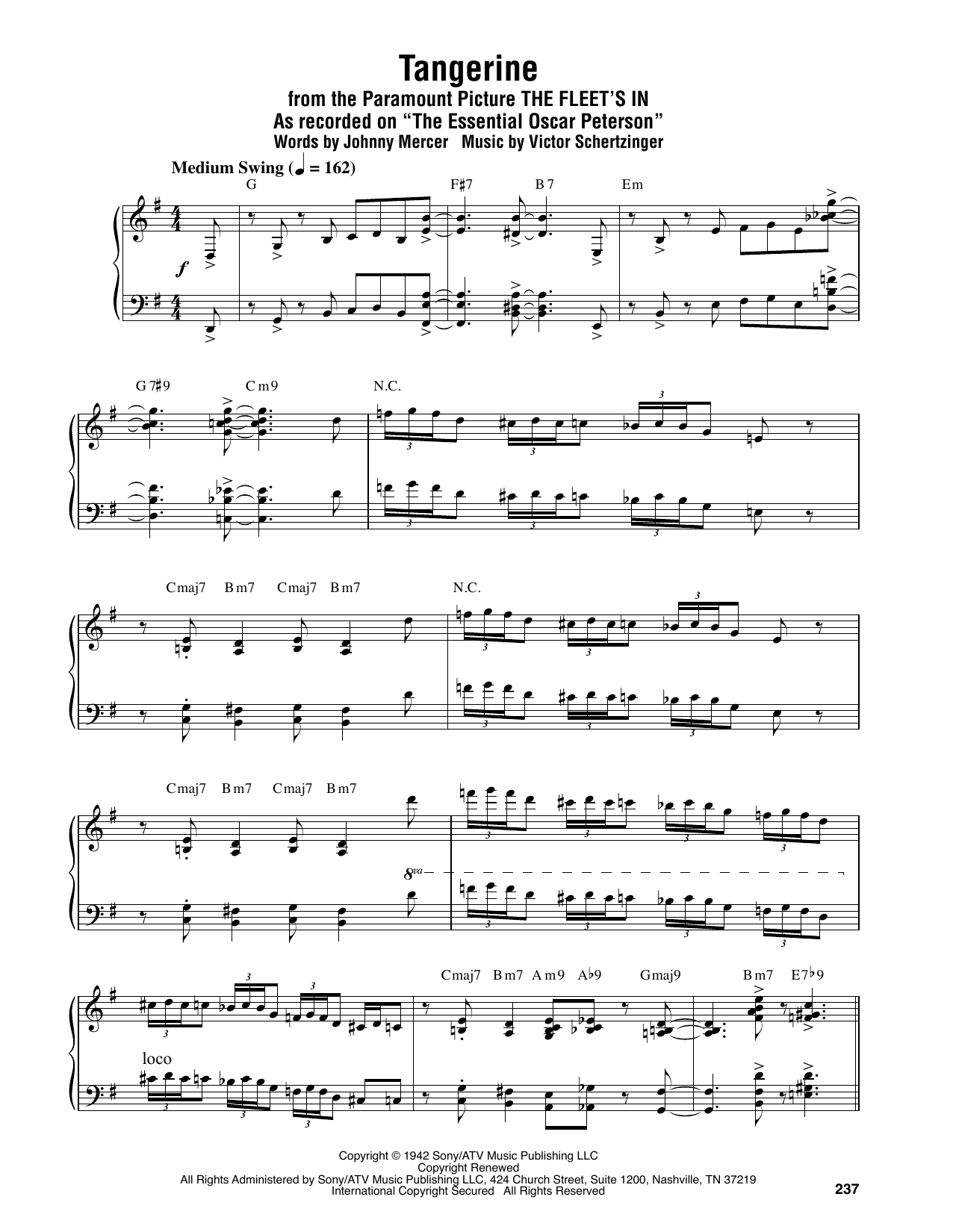 Download Oscar Peterson Tangerine Sheet Music and learn how to play Piano Transcription PDF digital score in minutes